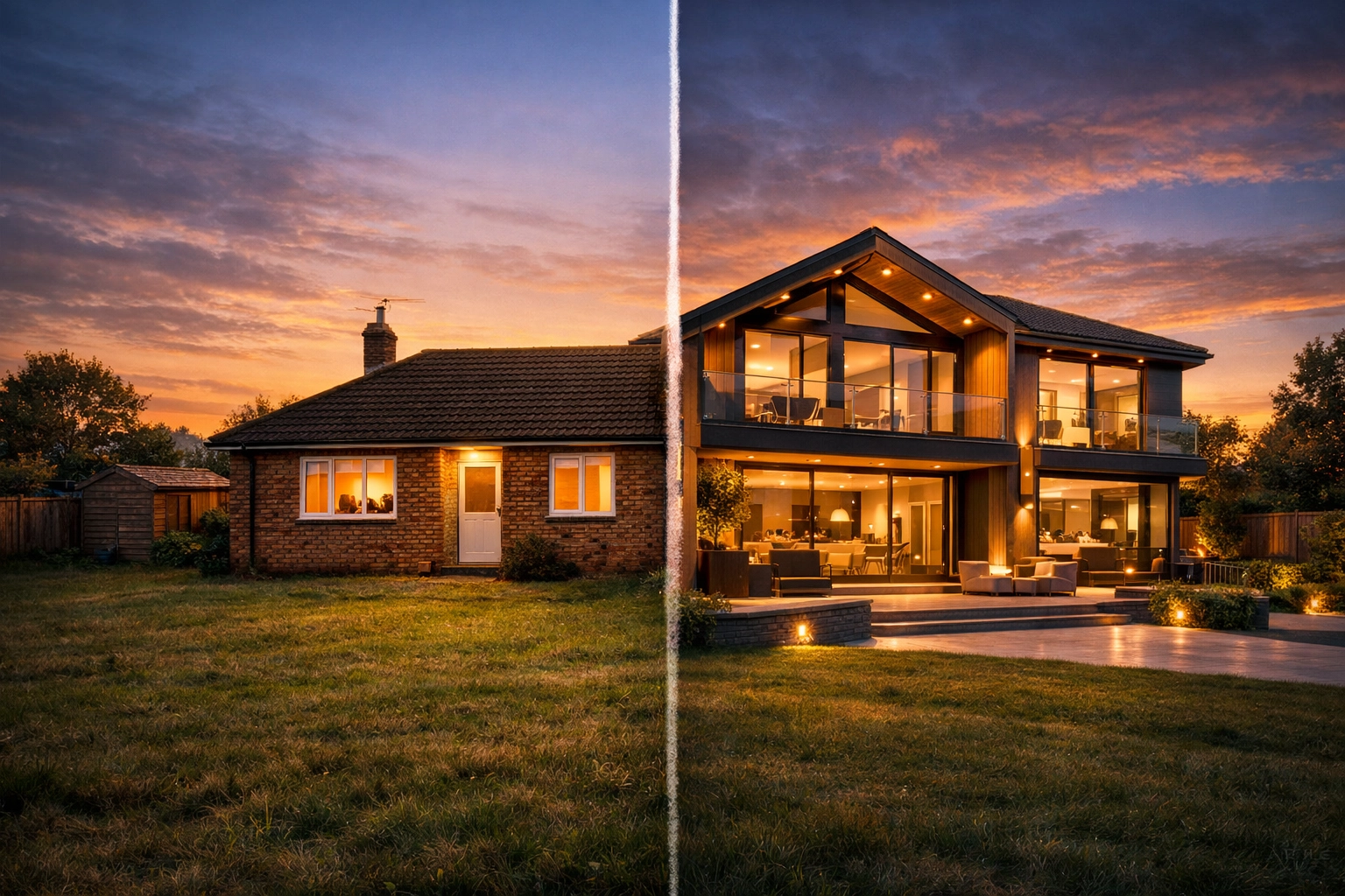 Split view showing a West Sussex bungalow transformed into a modern two-storey family home.
