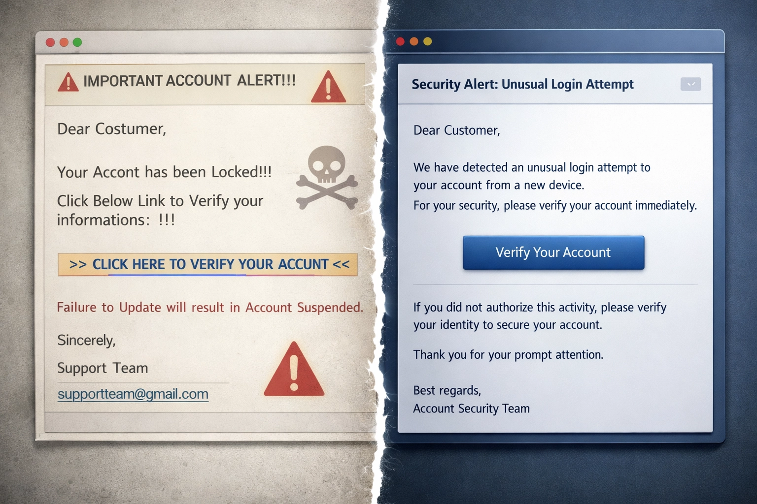 Comparison of old obvious phishing emails versus new AI-generated phishing that looks legitimate