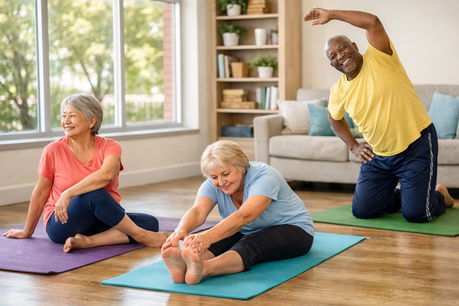 Group of seniors practicing daily stretches together on yoga mats