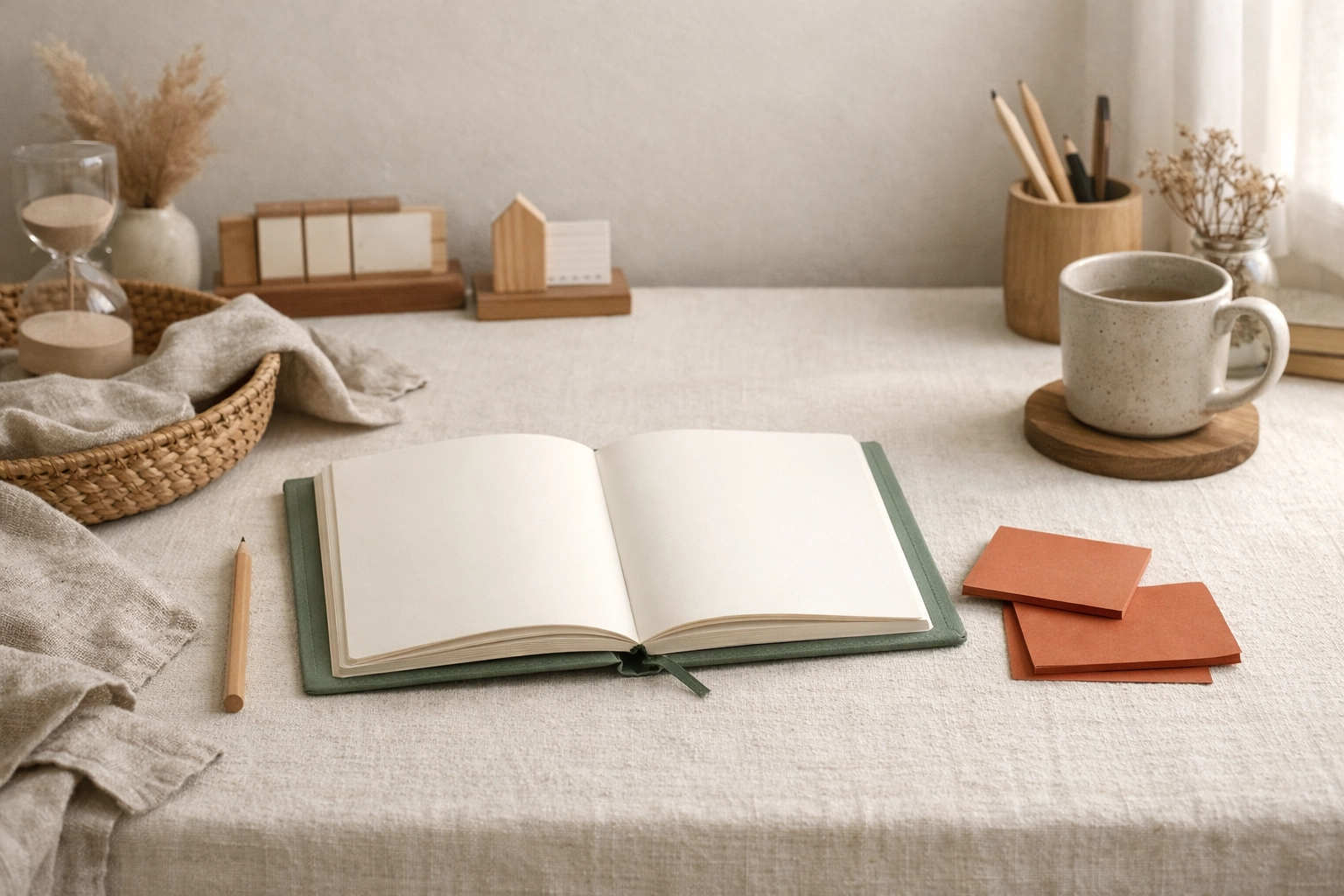 Quiet home planning setup with a blank weekly planner, terracotta notes, and sage accents for child custody Spotsylvania VA schedule planning