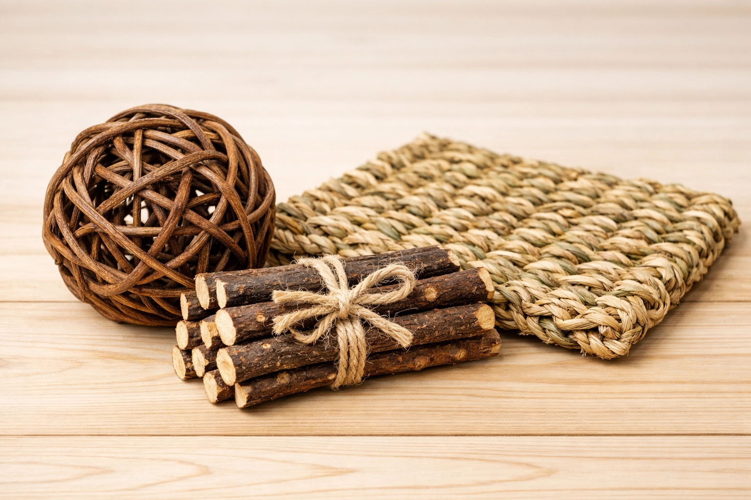 Assorted rabbit and guinea pig chew toys, including willow balls and applewood sticks.