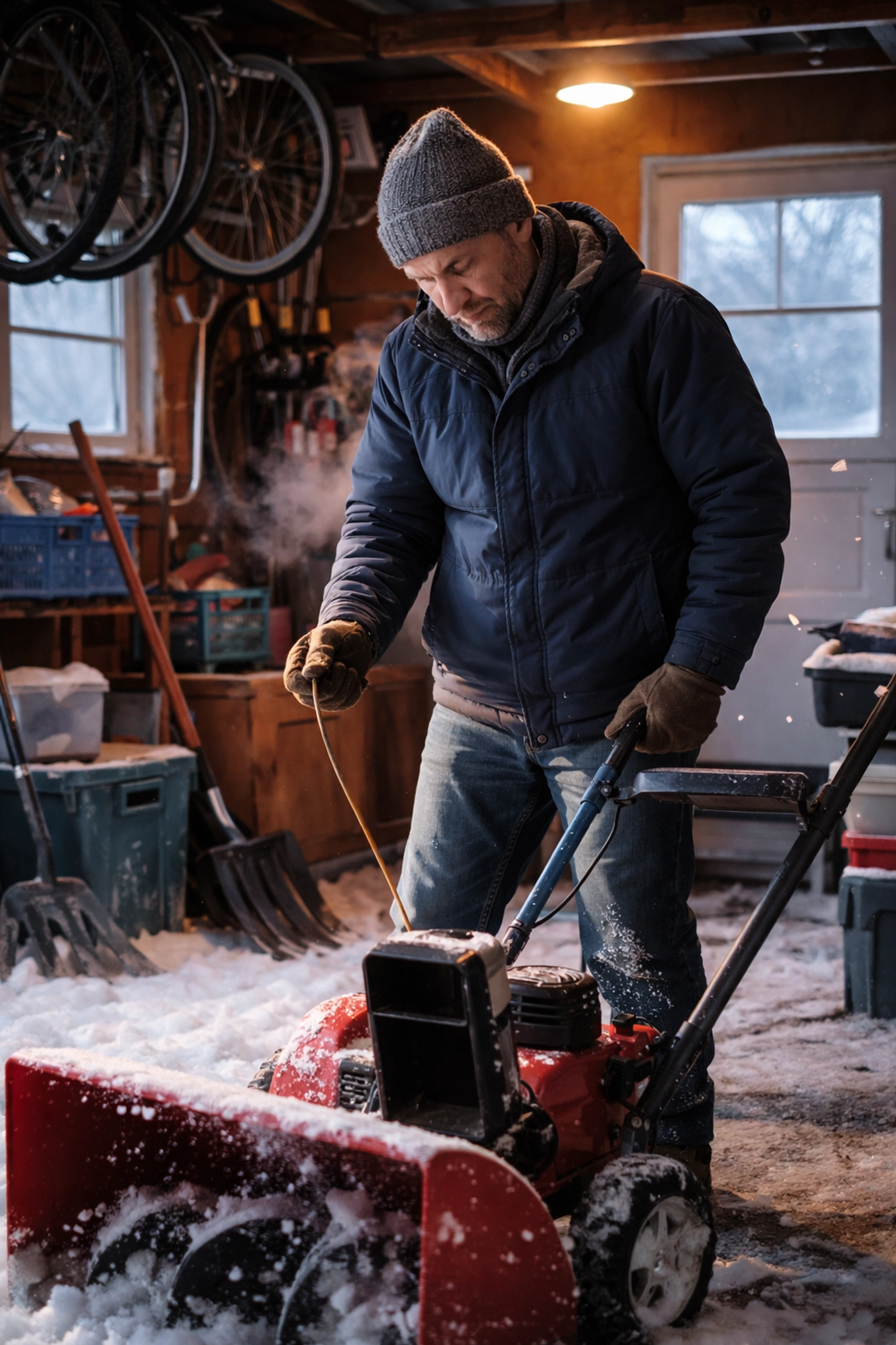 Frustrated Boston homeowner in winter gear struggles with a snow blower that won't start in a cluttered garage