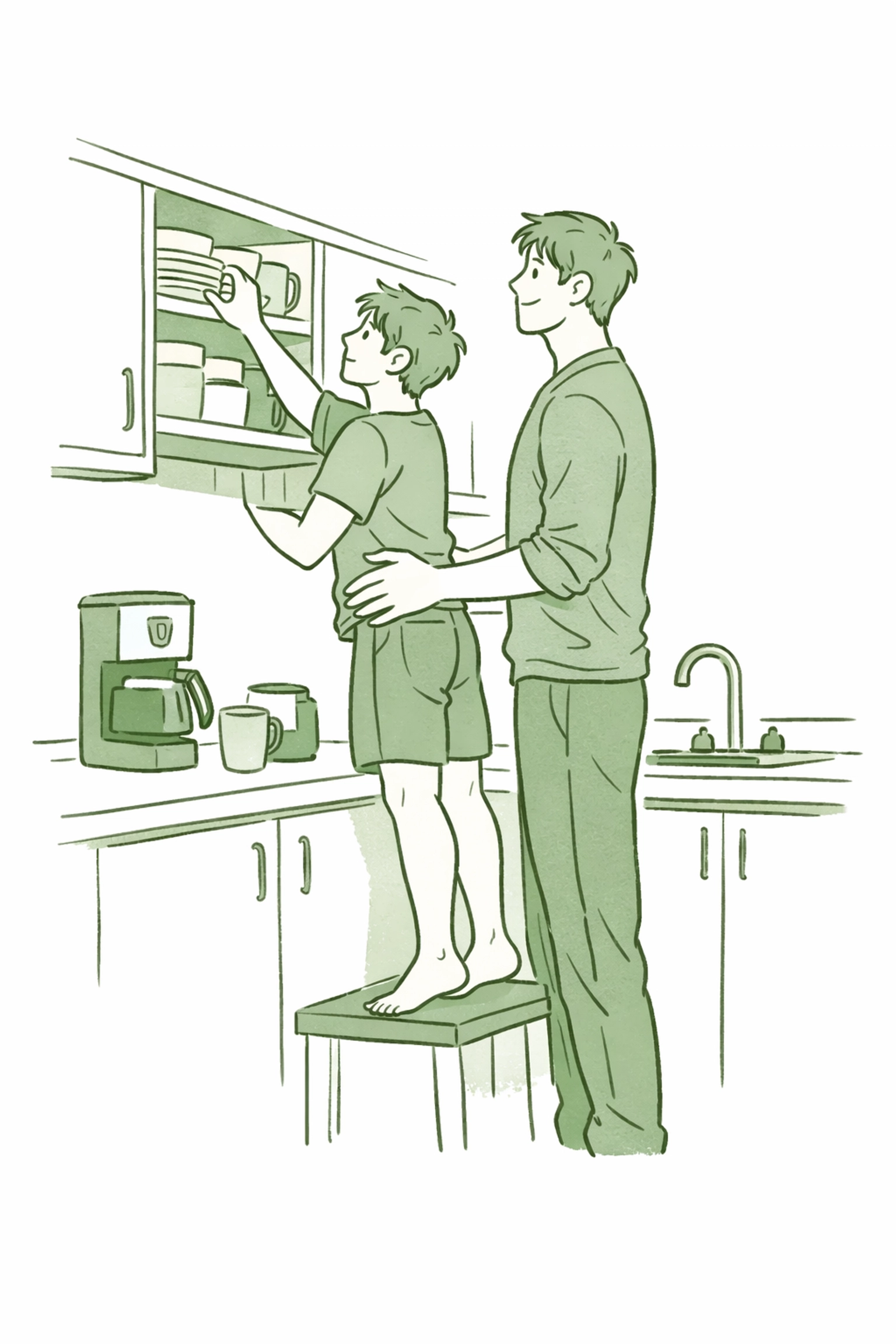 Gay couple in kitchen with height difference - tall boyfriend steadying shorter partner