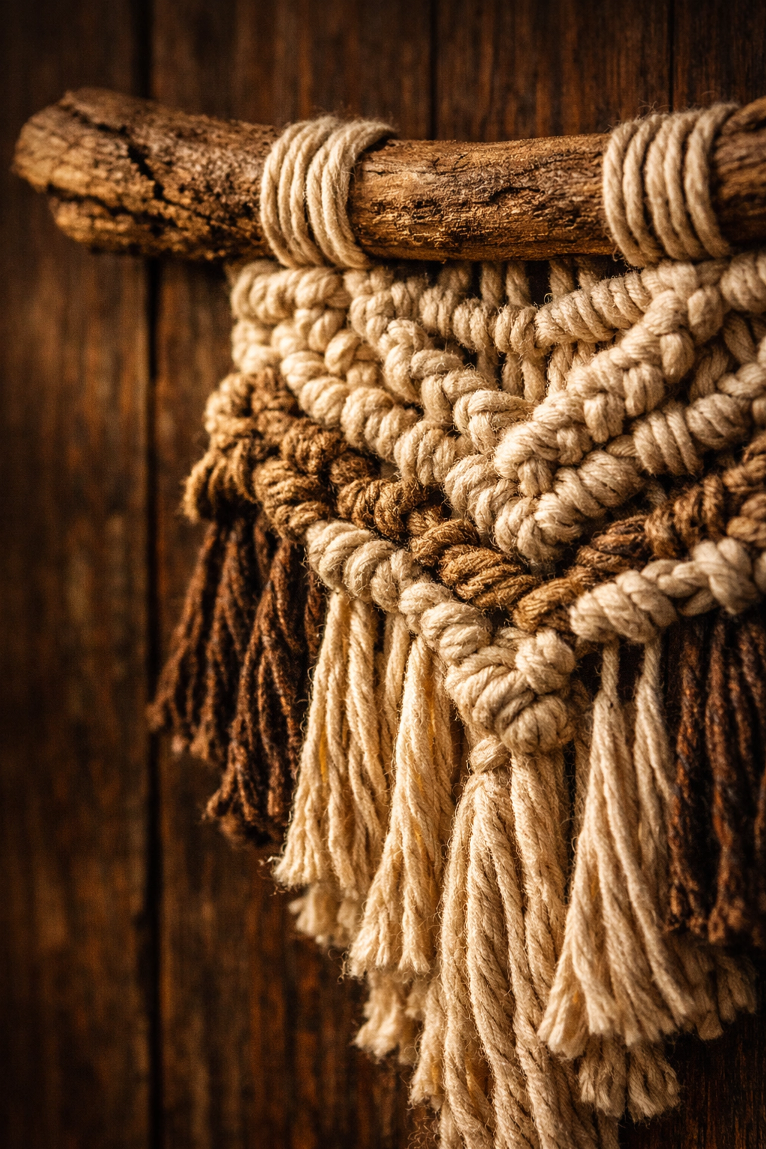 Close-up of a hand-woven organic cotton wall hanging, a unique handcrafted gift for a curated home gallery.