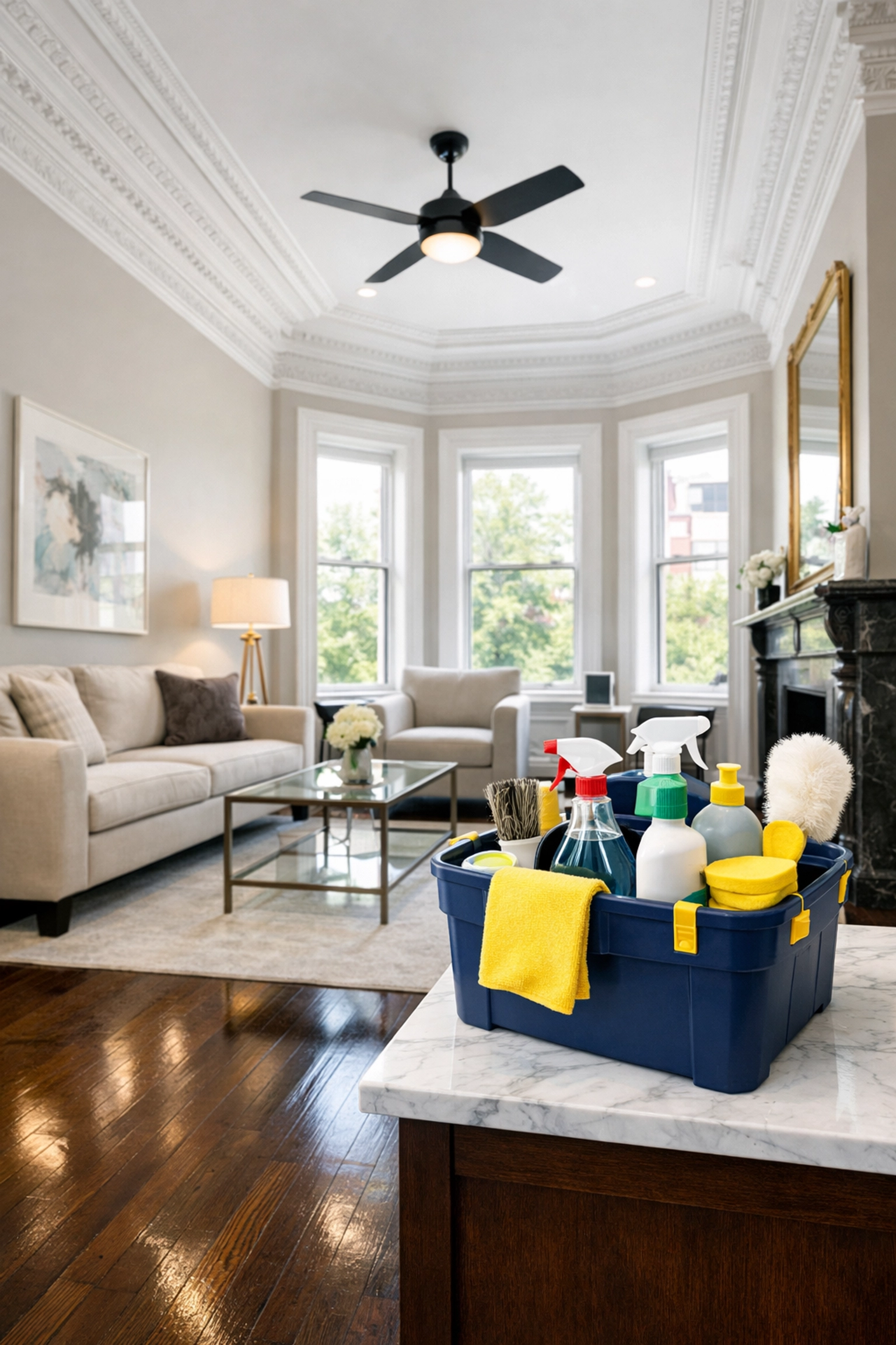 A spotless Boston brownstone living room following a professional apartment turnover cleaning service.