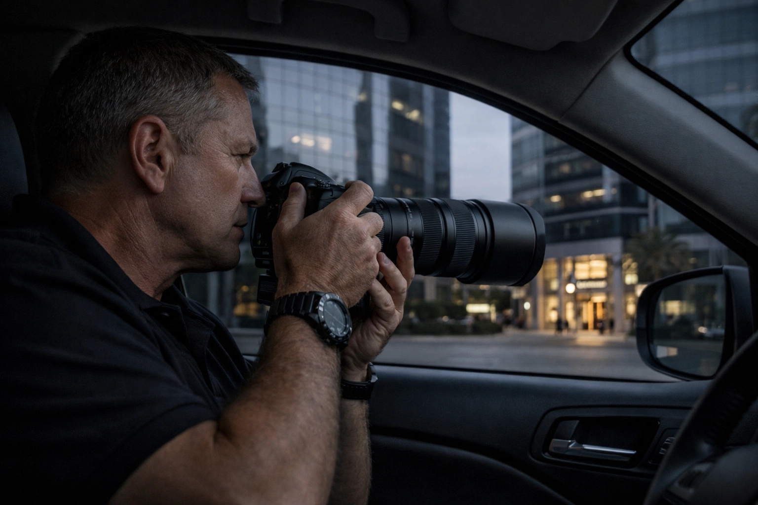 Veteran investigator conducting high-risk surveillance with a telephoto lens in Irvine, California.