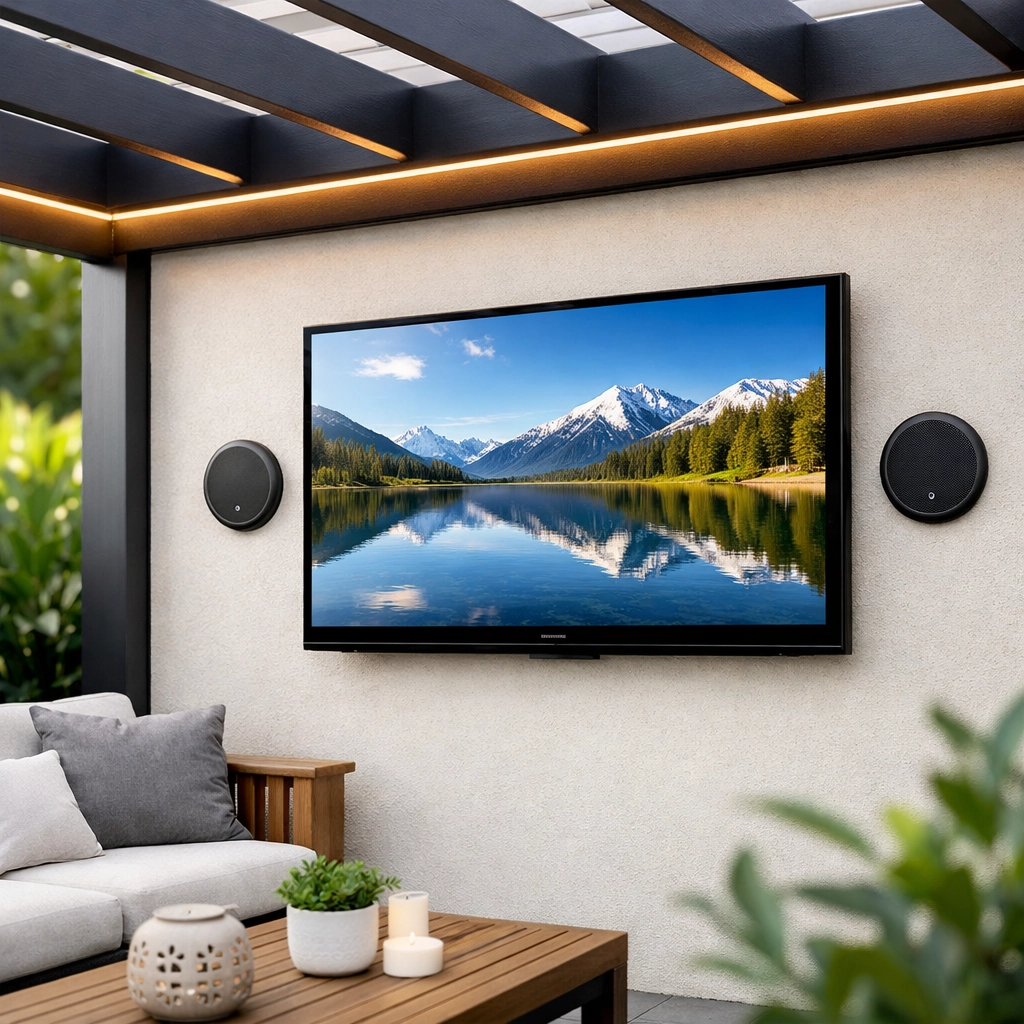 High-value outdoor entertainment area with weatherproof TV and integrated sound system