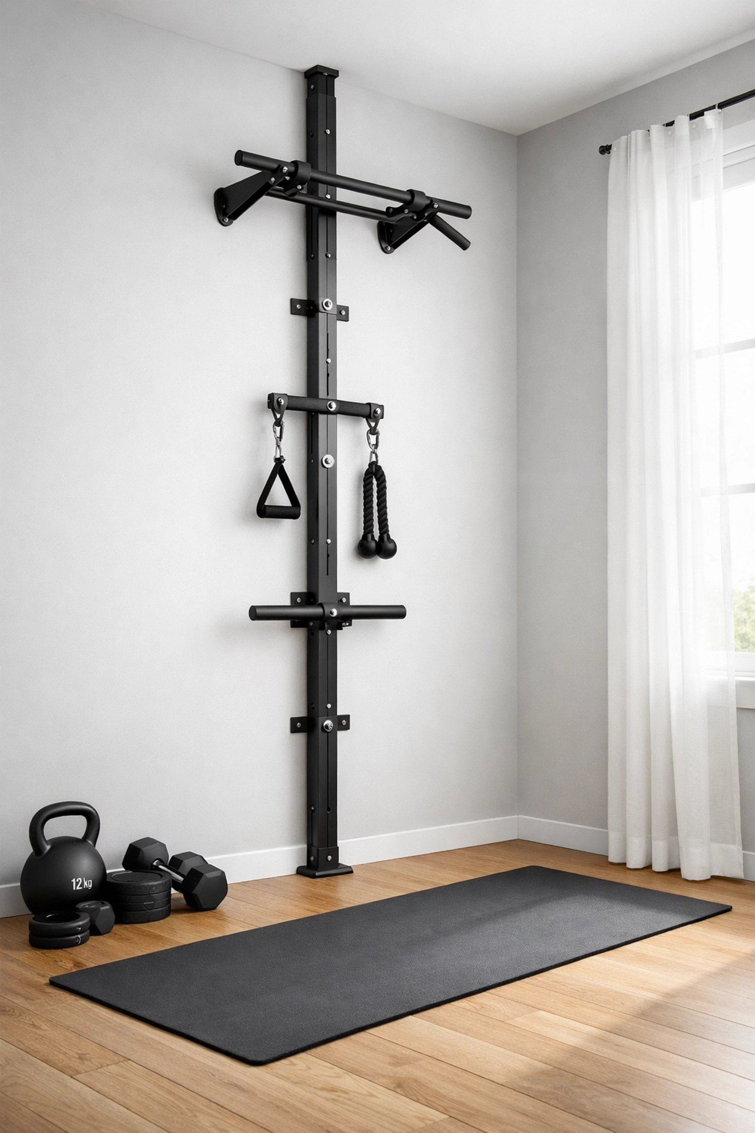 Minimalist home gym setup with floor-to-ceiling training system and pull-up bar in compact space