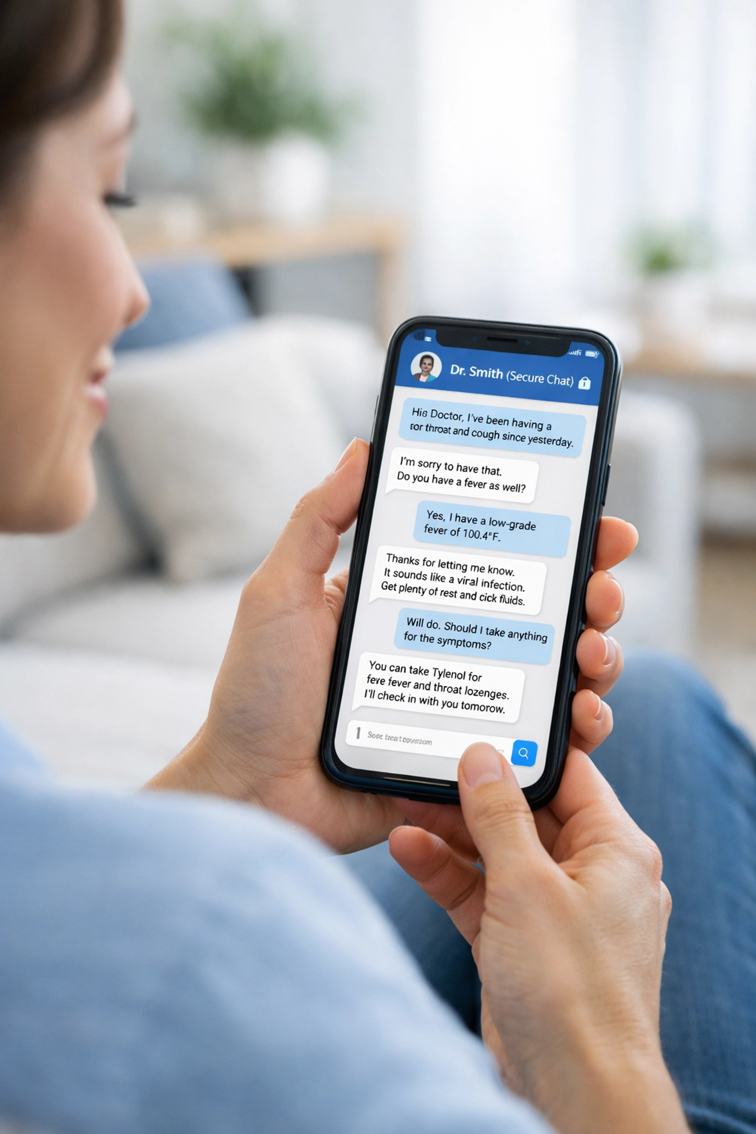 Person using a secure medical chat on their phone to consult with a doctor online for a UTI prescription.