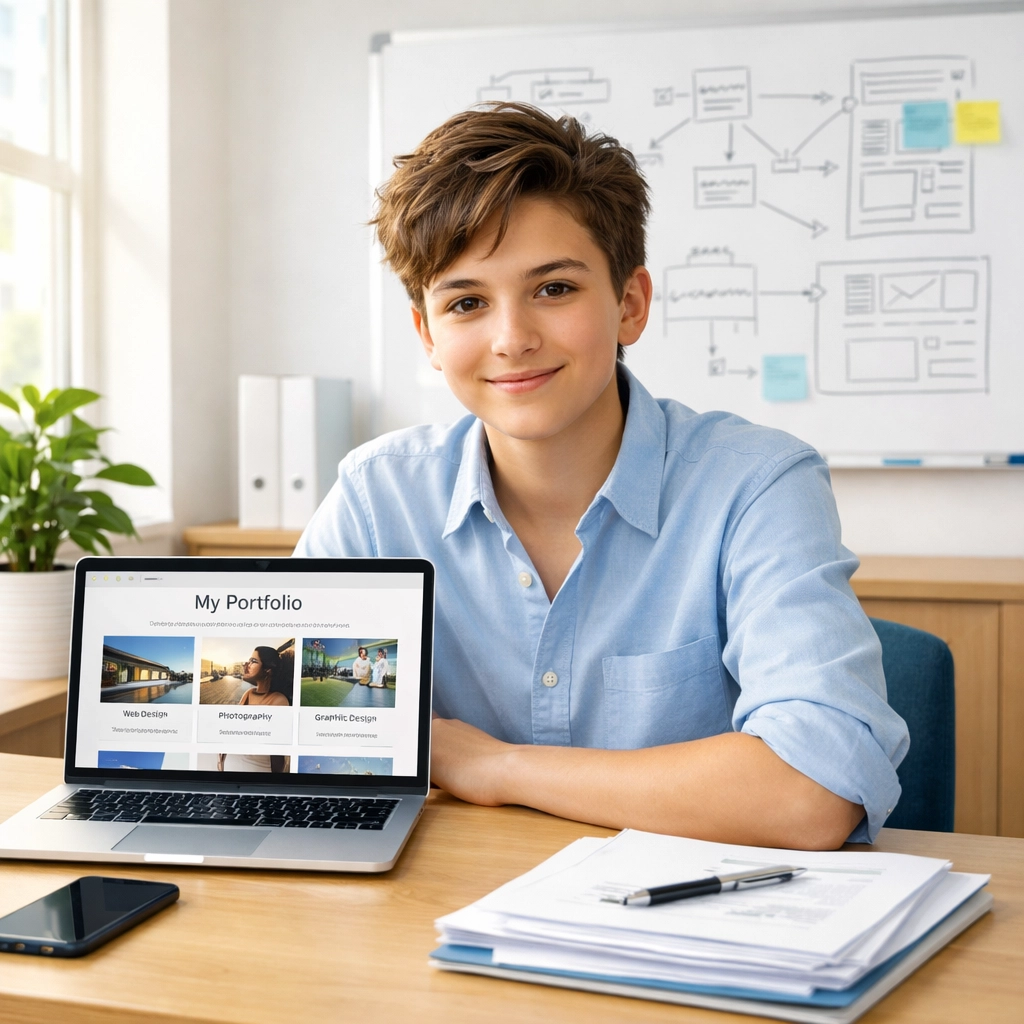 Confident high school student showcasing tech portfolio at professional workspace