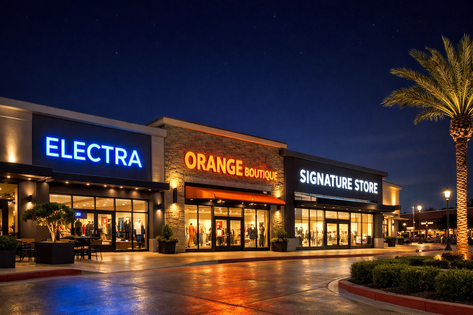 Modern shopping center featuring energy-efficient LED channel letter signs in various vibrant colors.