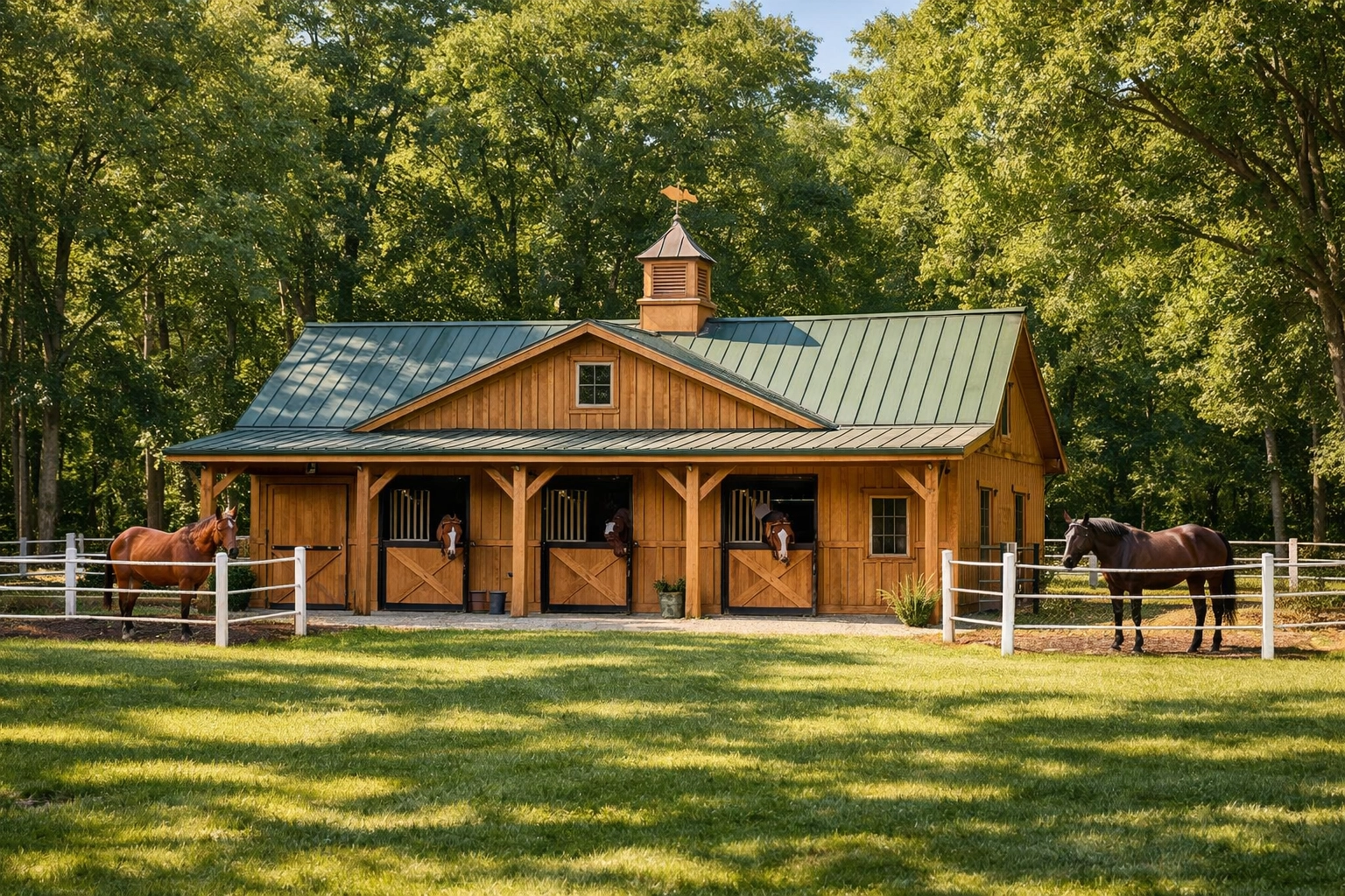 Well-maintained horse barn with board fencing on Davidson NC equestrian estate