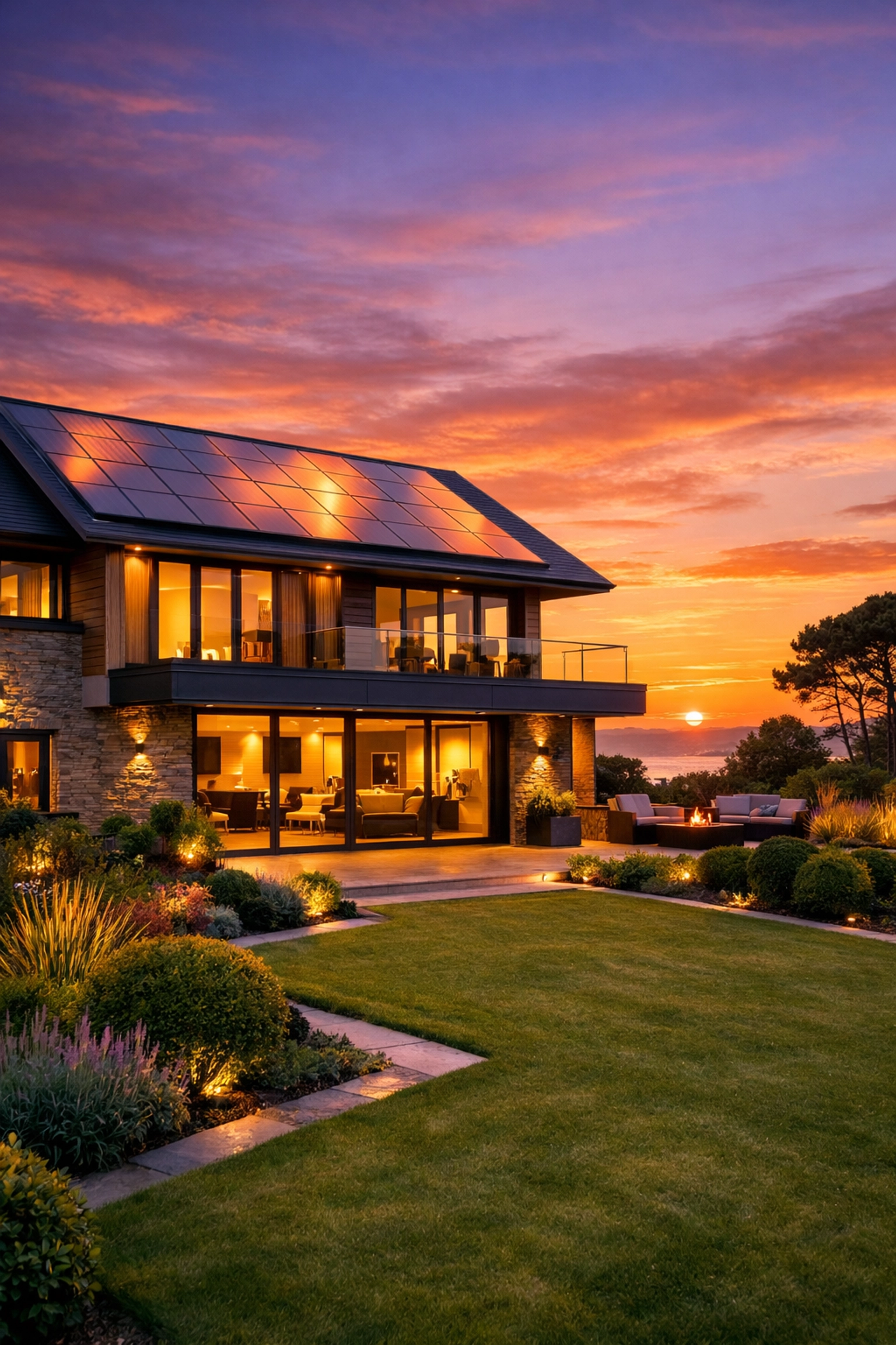 Contemporary Bournemouth house with rooftop solar panels and battery storage for green energy.