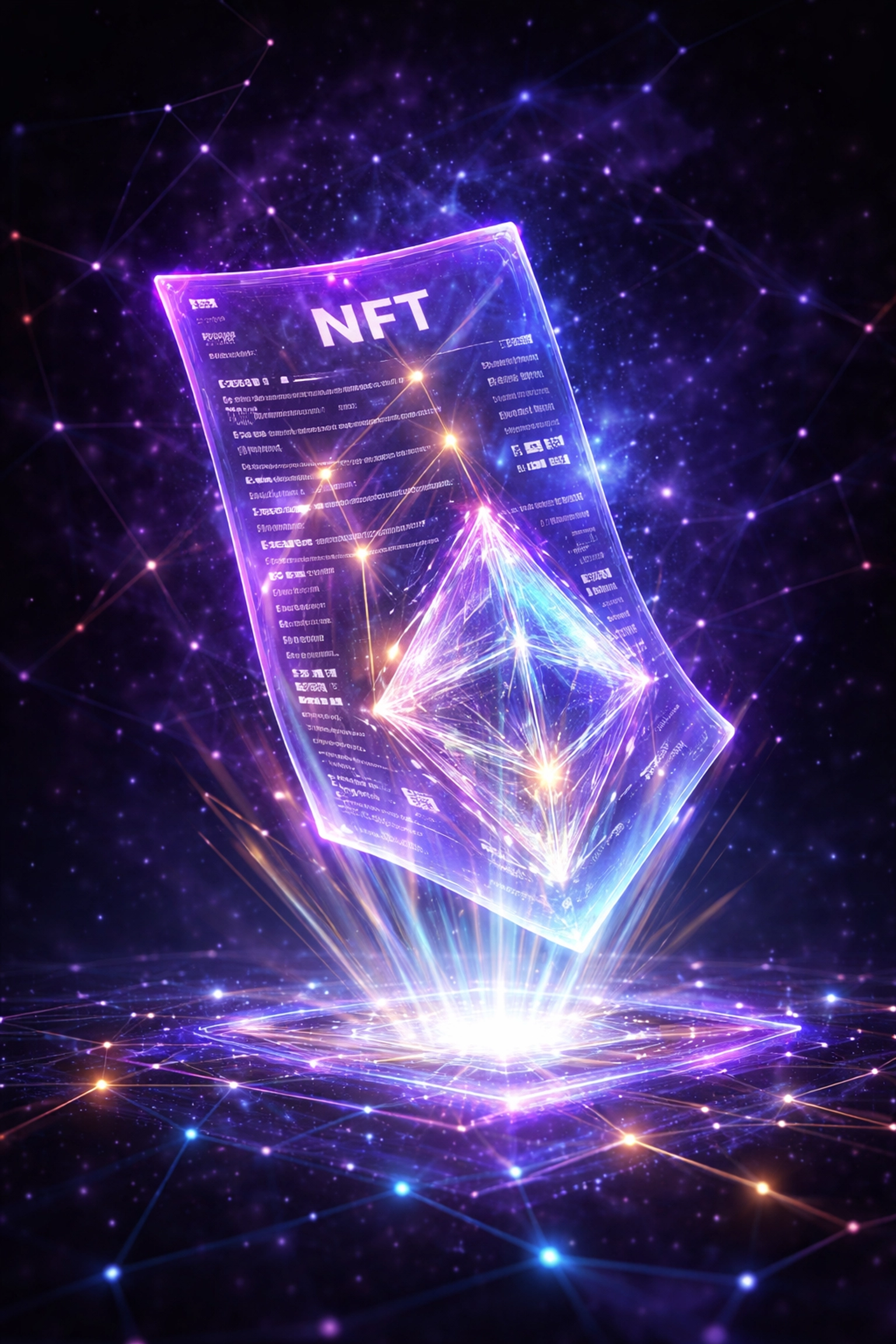 Glowing NFT receipt symbolizing Larecoin's blockchain permanent transaction records and crypto payments innovation