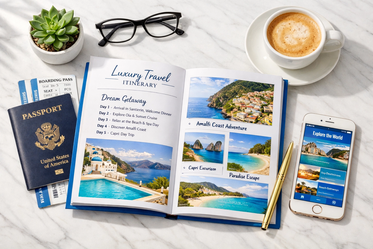 Organized custom travel itinerary with passport, boarding passes, and travel planning materials