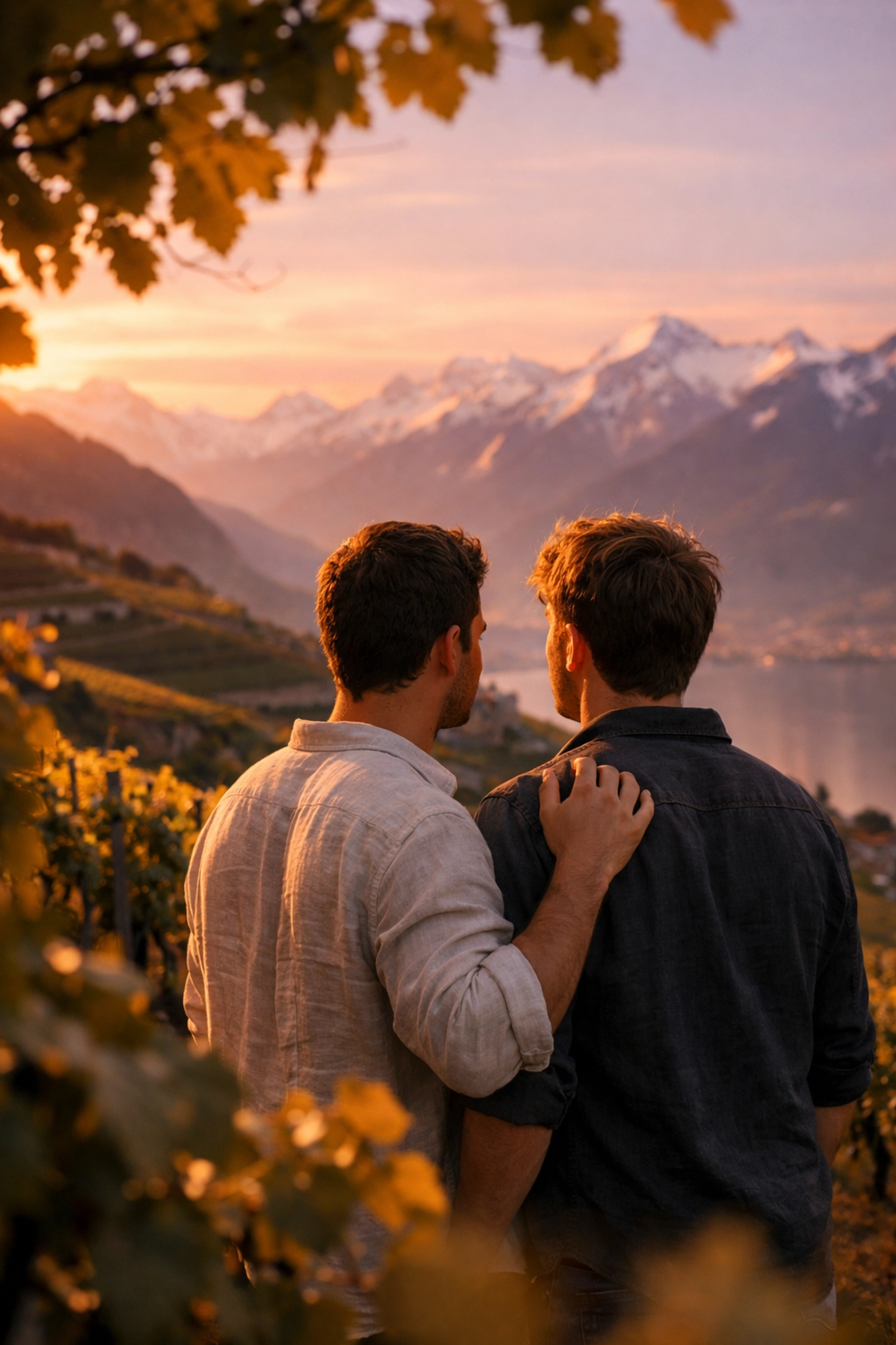 Two men in love standing in Swiss vineyard with Alpine mountains at sunset