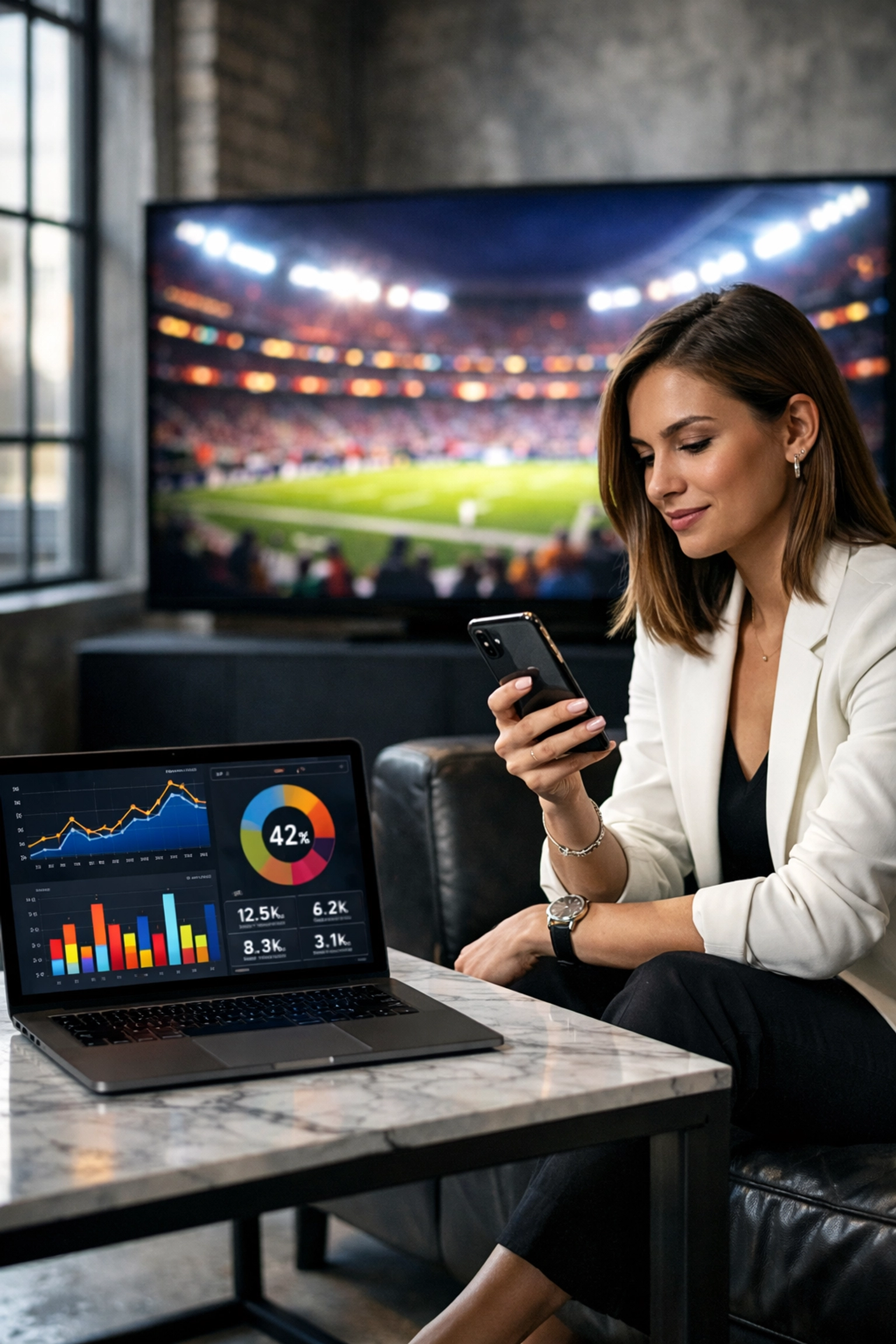 Professional tracking Super Bowl 2026 second-screen advertising data on a smartphone and laptop.