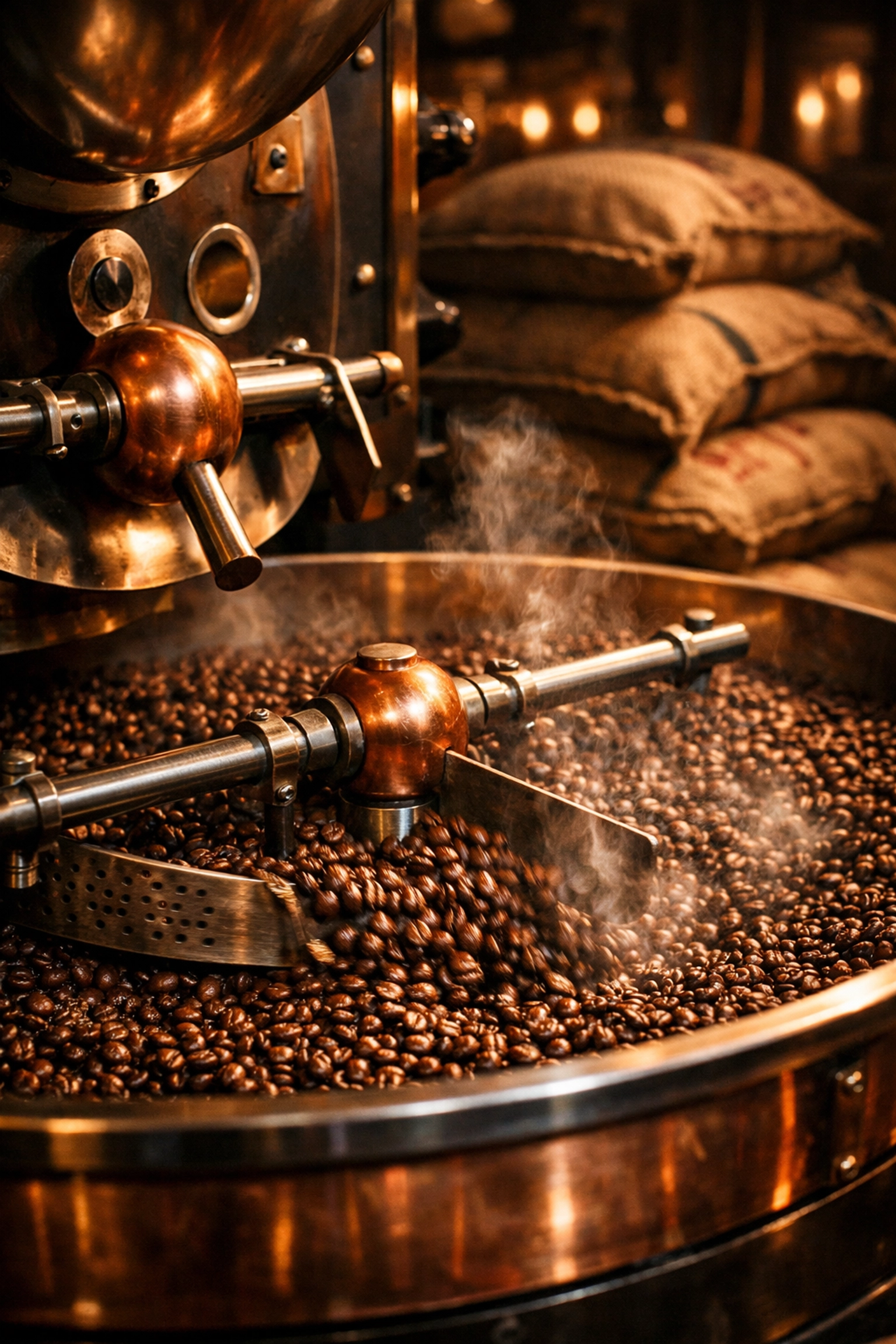 Artisan coffee beans cooling in an industrial roaster, showcasing our clean roasting process.