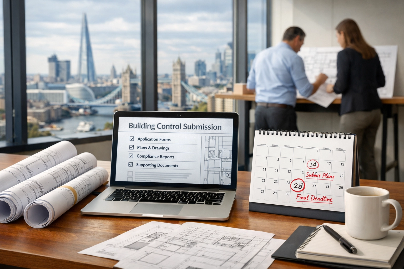 Architect's workspace with building control submission documents and compliance deadlines