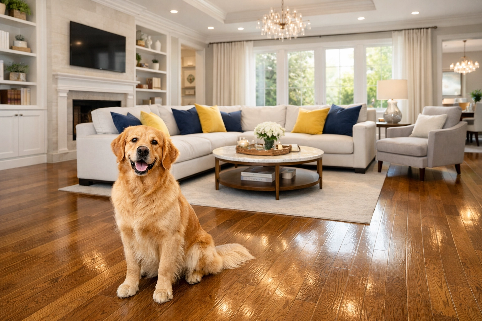 Pristine family living room with wood floors after professional house cleaning in the Acton area.