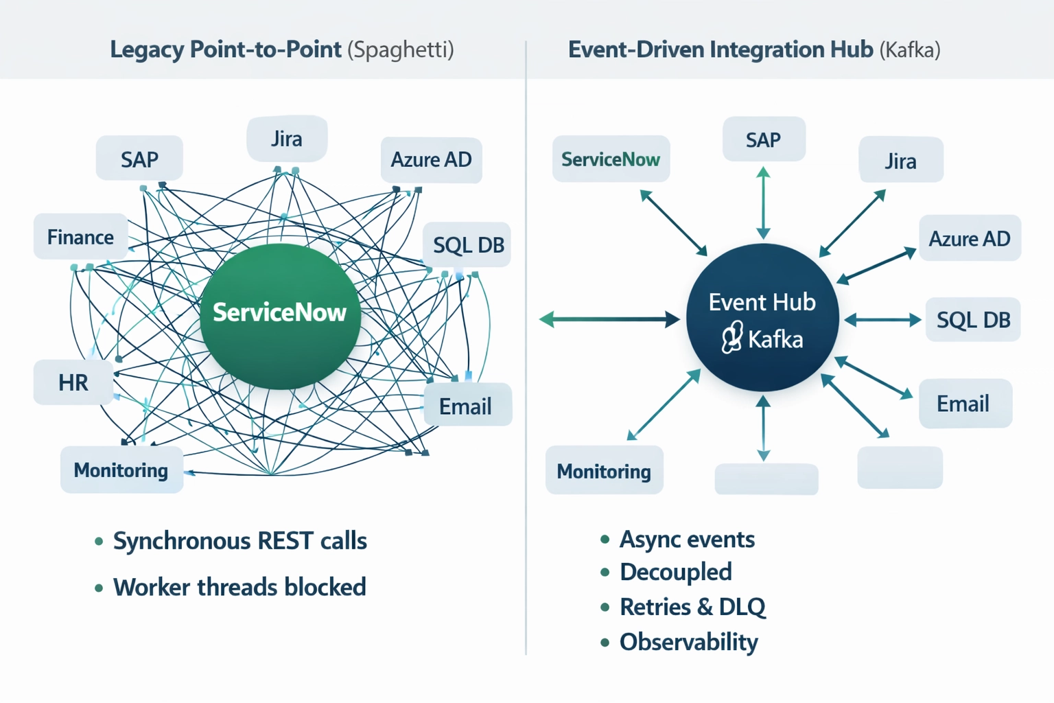 Technical diagram comparing a legacy point-to-point “spaghetti” integration architecture with a modern event-driven integration hub using Kafka (publish/subscribe).
