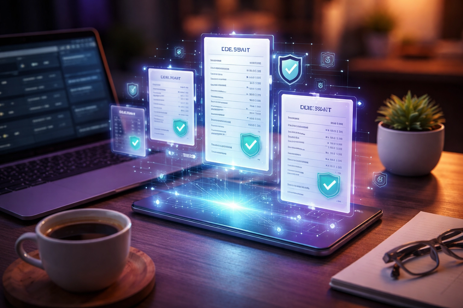 Small business desk with digital receipts and blockchain verification, showcasing NFT receipts for accounting