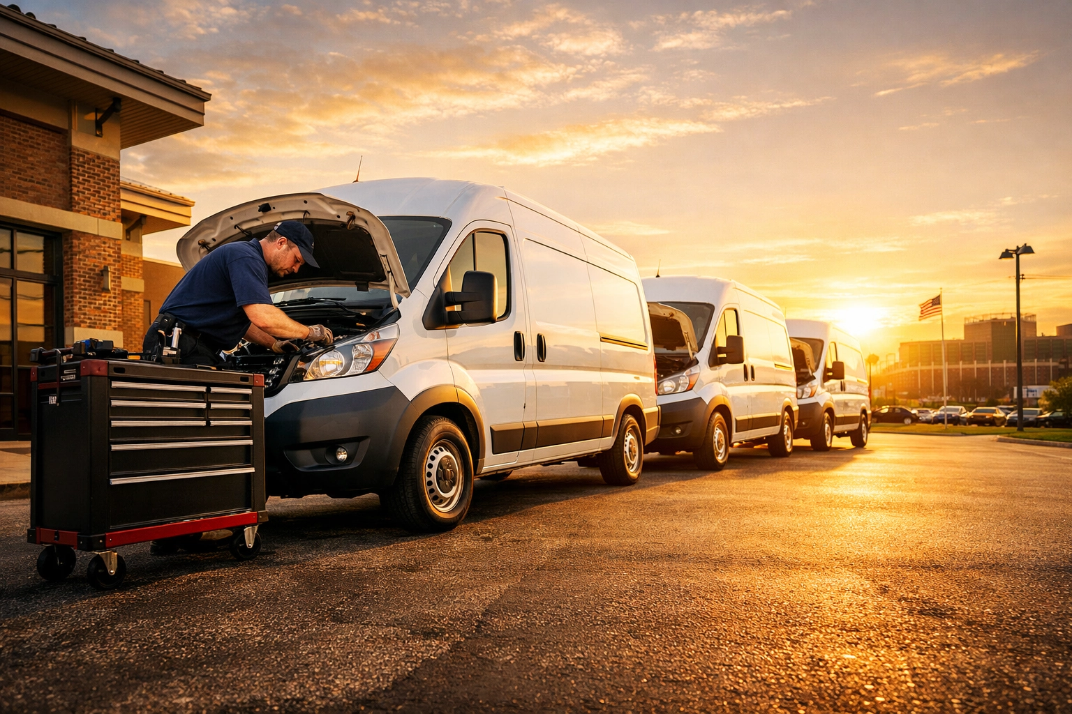 On-site fleet maintenance for a row of delivery vans in Green Bay by a mobile mechanic.