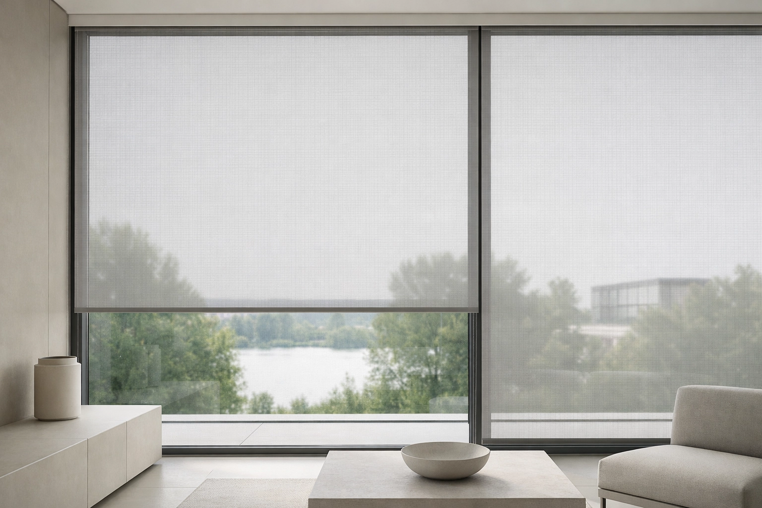 Zip-Screen an großer Glasfassade mit Durchsicht und Sonnenschutz