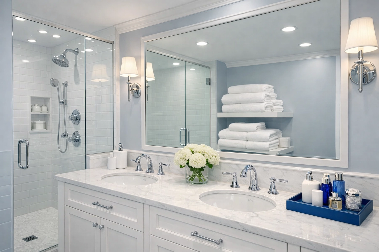 Sanitized and fresh luxury bathroom with streak-free mirrors from top-rated maid services Lowell MA.