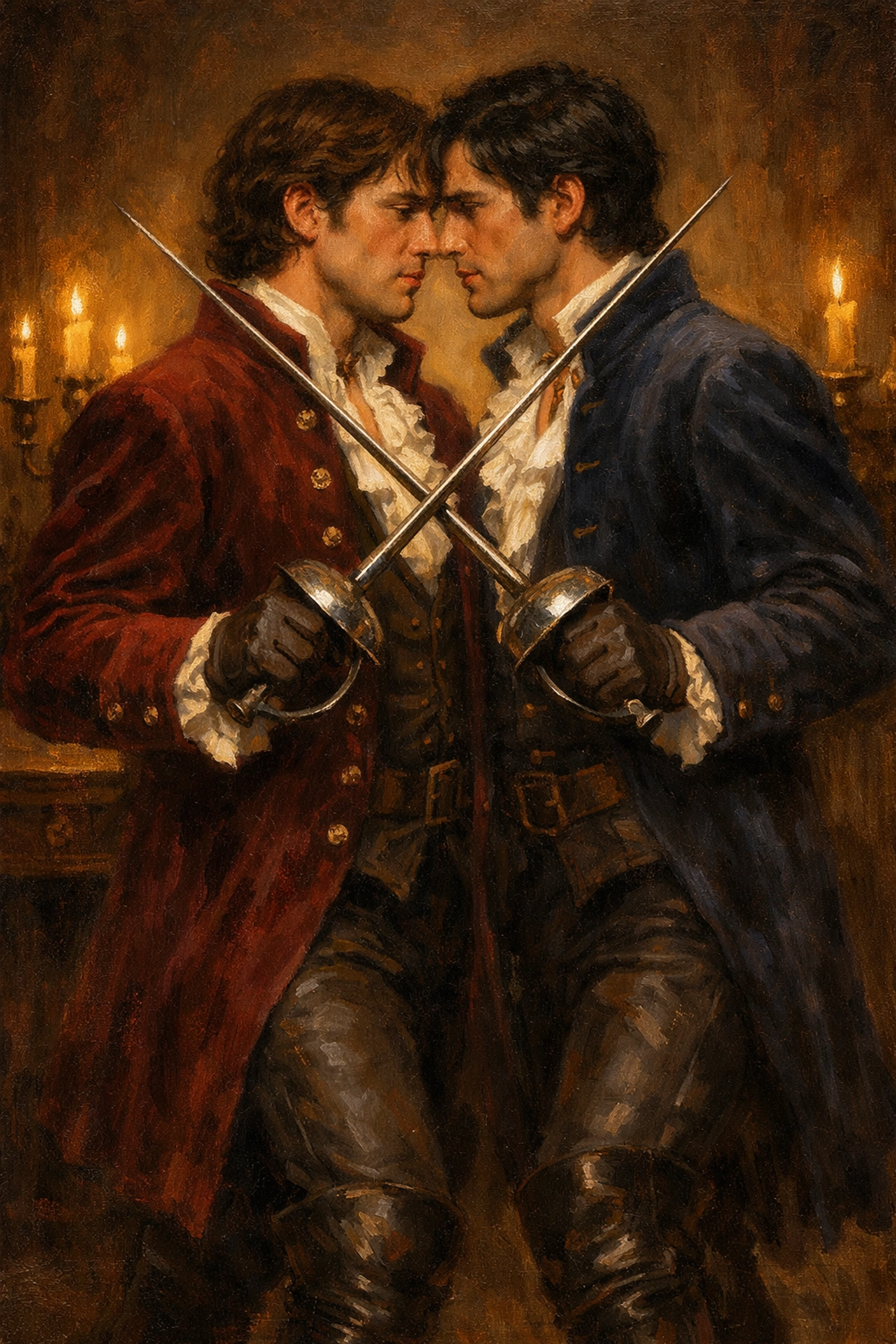 Historical gay romance scene with two male fencers in 19th century period costumes