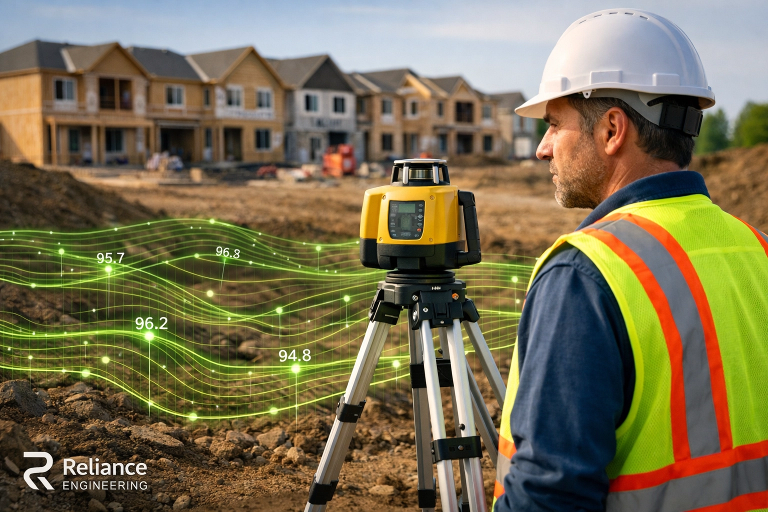 Civil engineer using professional laser leveling equipment for accurate GTA lot grading and surveys.