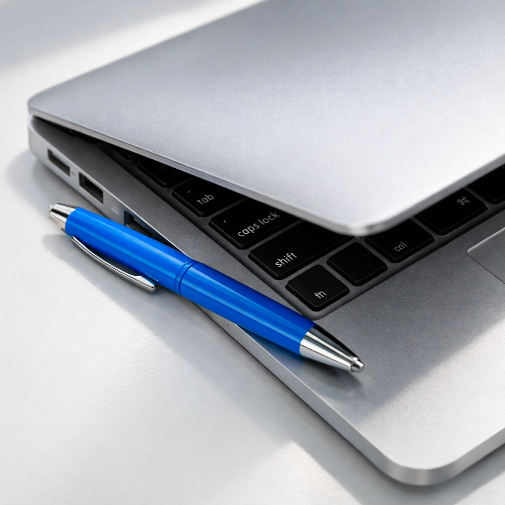 Close-up of a pen left on a laptop keyboard, a common cause for broken screen repair in Vacaville.