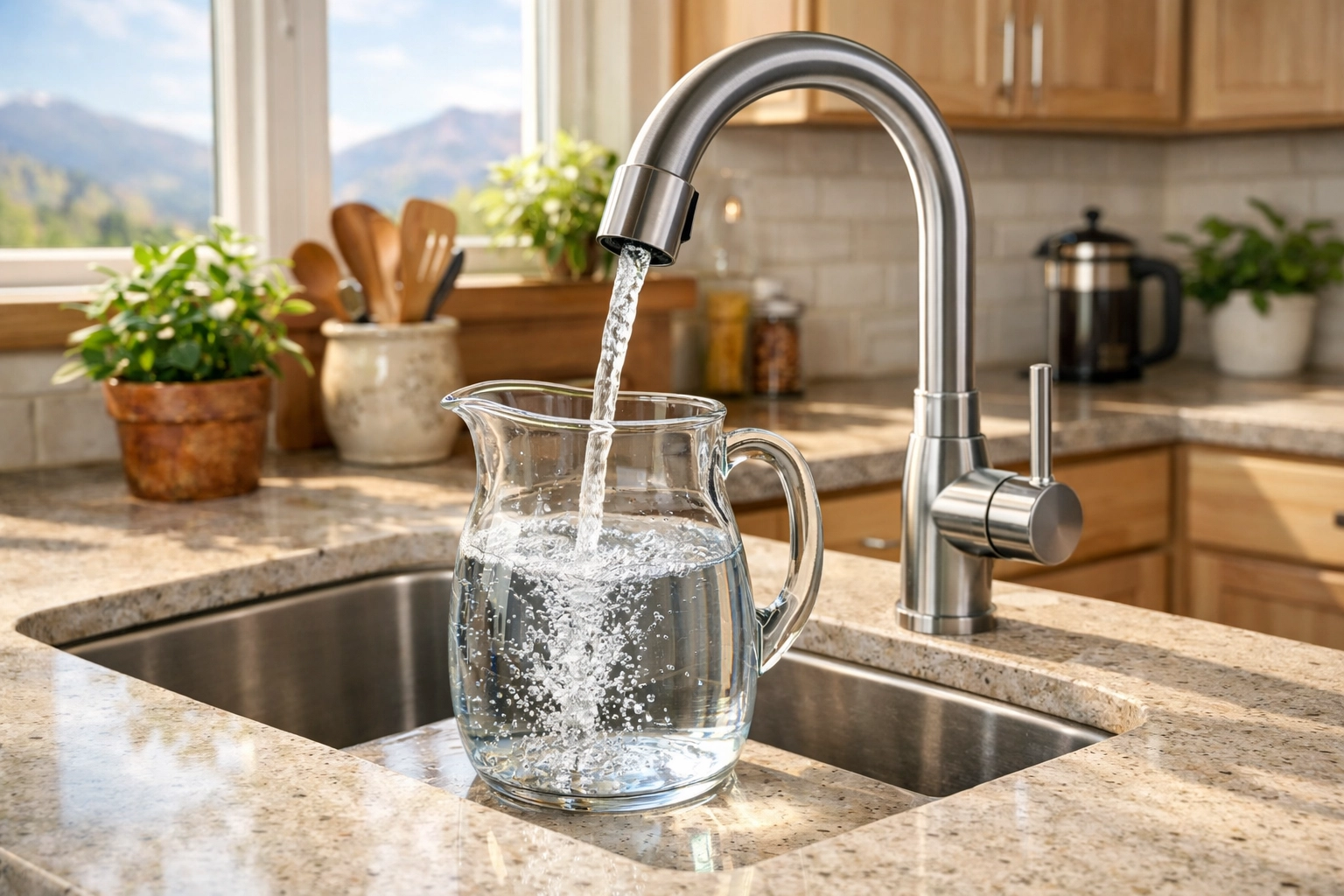 Fresh filtered water being poured into pitcher in modern Colorado kitchen