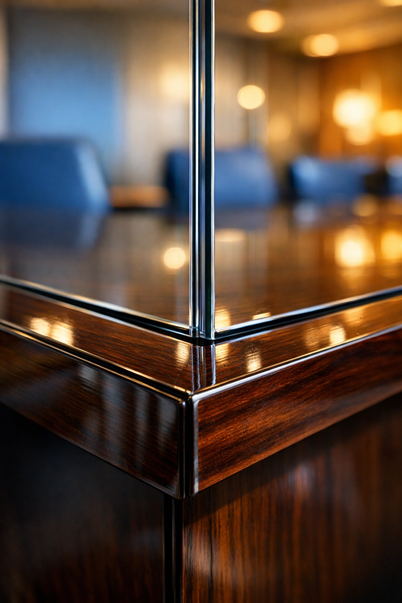 Detailed view of a sanitized boardroom table following a deep commercial cleaning in Lincoln.