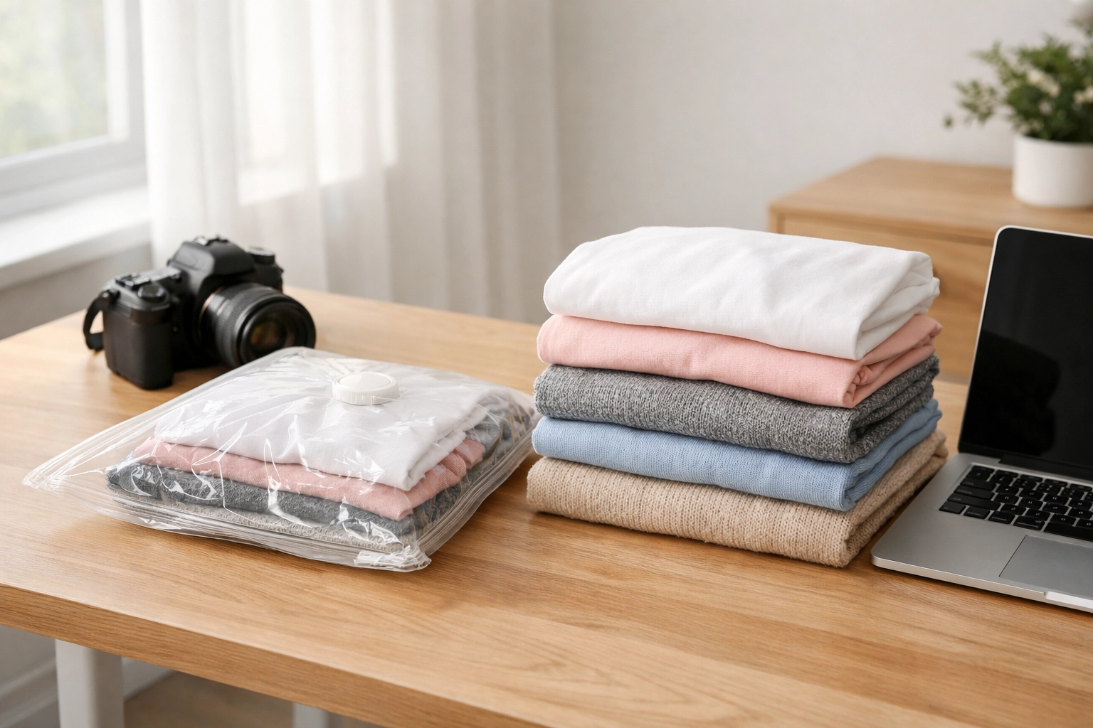 Visual analogy of vacuum-sealed clothes representing efficient photography file storage and compression.