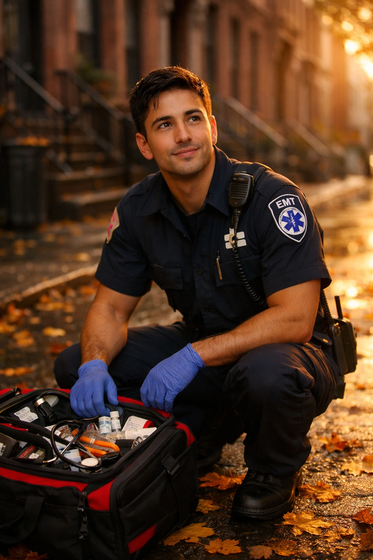 Compassionate EMT kneeling beside injured man on Brooklyn sidewalk - MM romance hurt/comfort scene