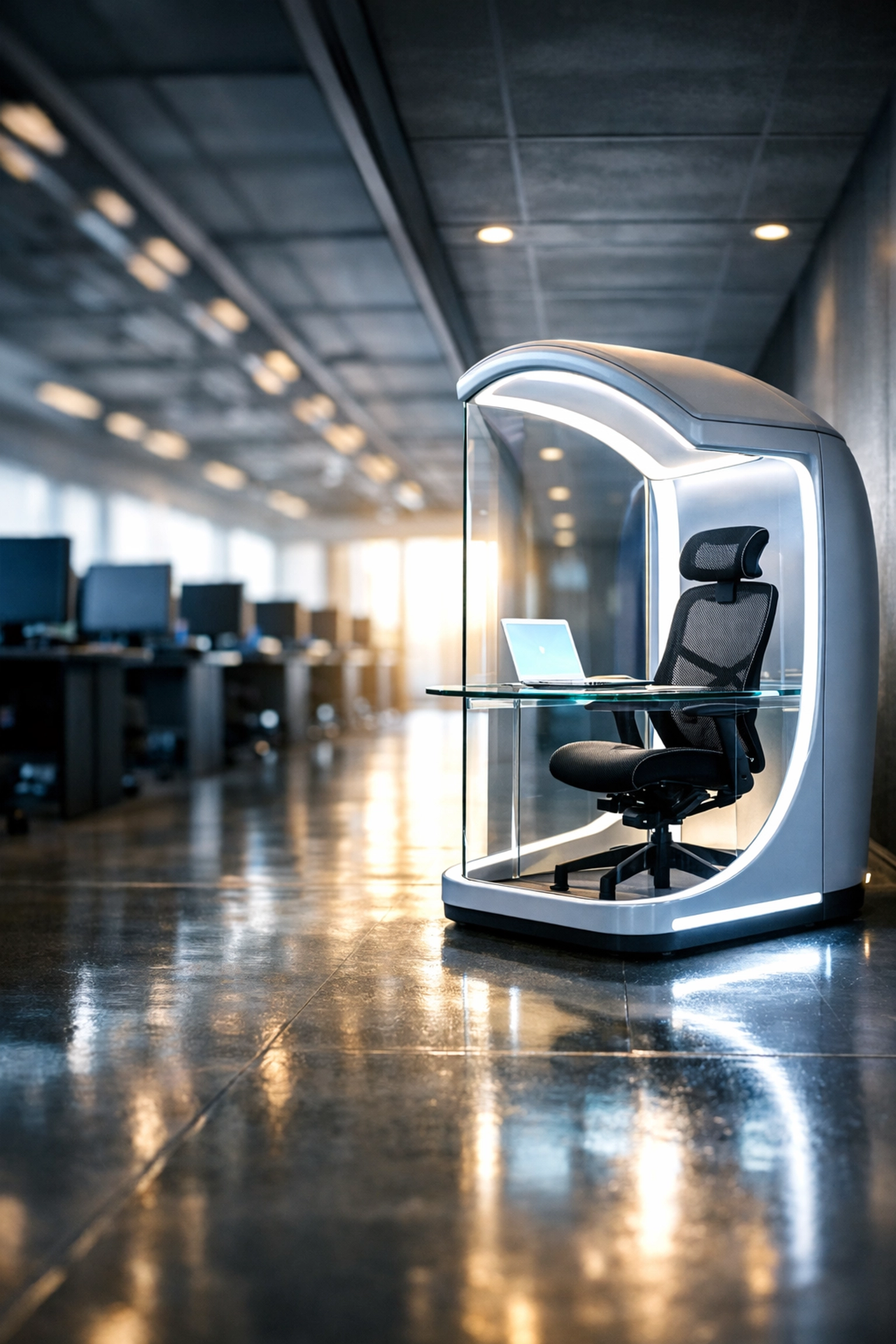 A sleek standalone learning pod in a training center, highlighting the shift from traditional computer labs.