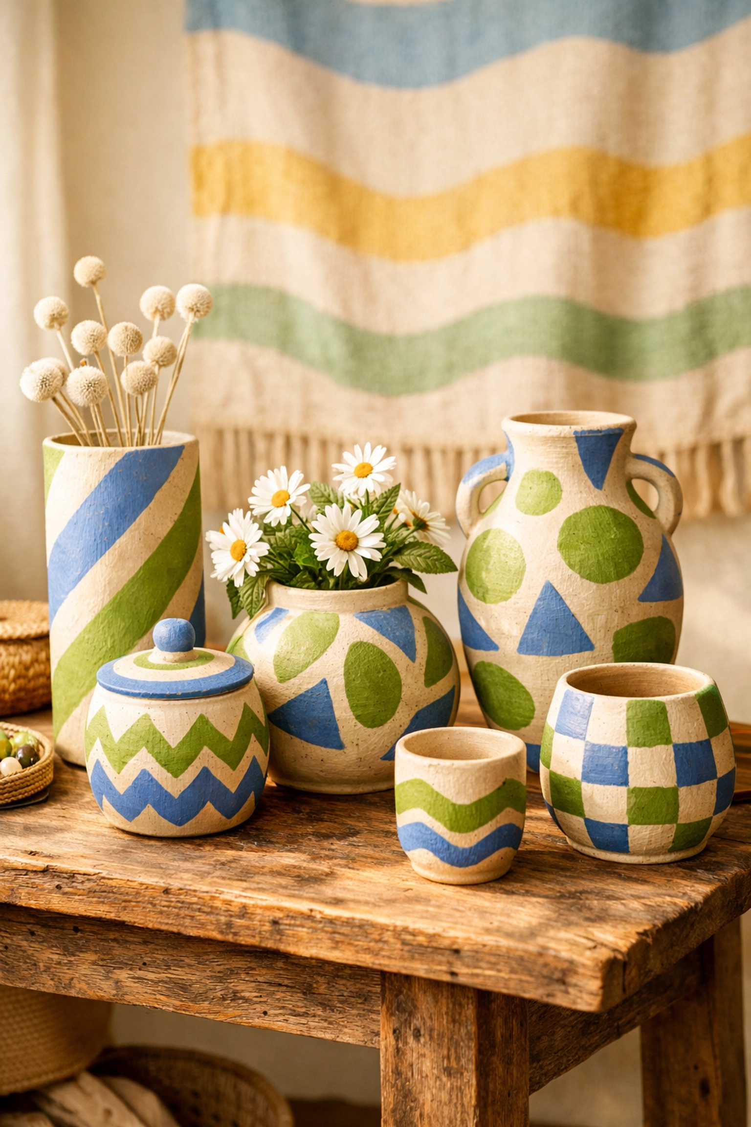 Hand-painted ceramic vases with bold patterns as focal points for curated home decor.