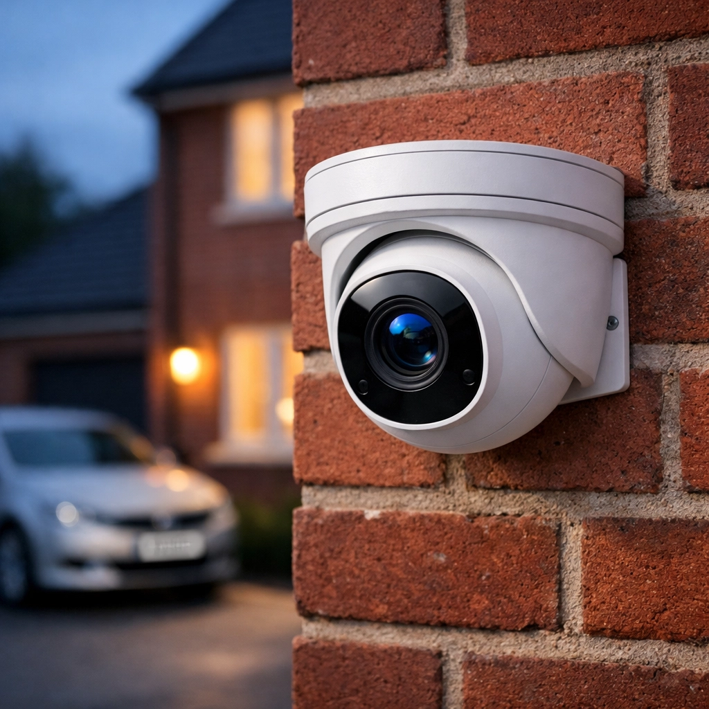Professional CCTV installation in Reading featuring a sleek white turret camera on a modern red-brick home.