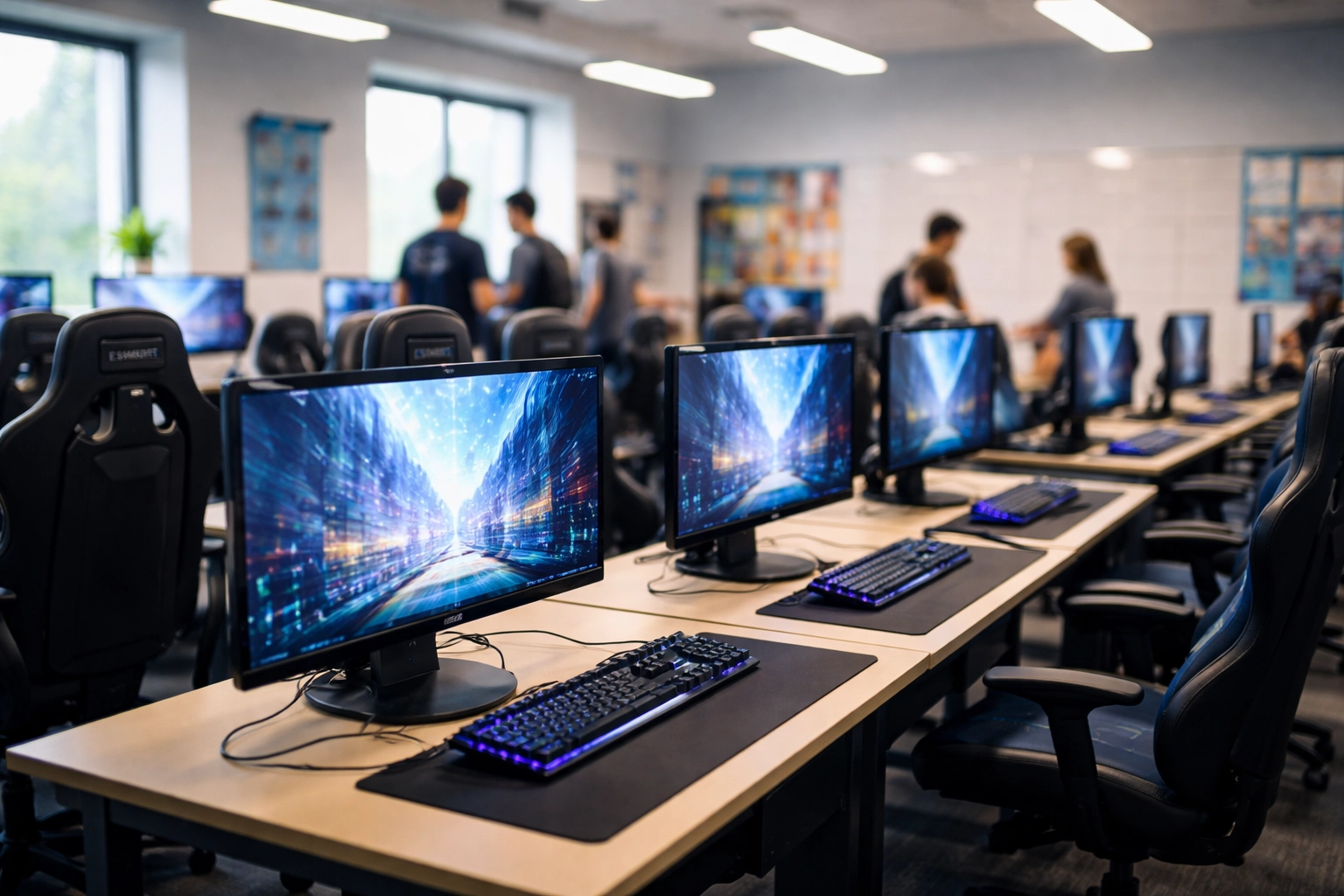 High school esports facility with gaming monitors and students, illustrating digital education and sponsorship opportunities.