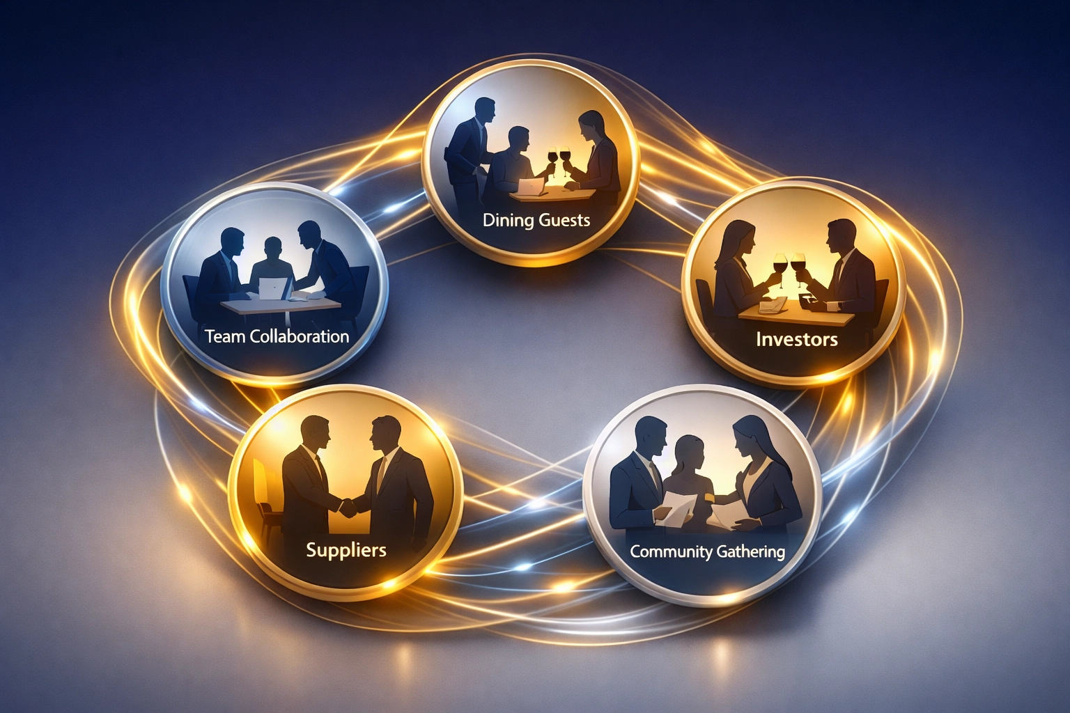Five-stakeholder flywheel showing interconnected business relationships in hospitality strategy