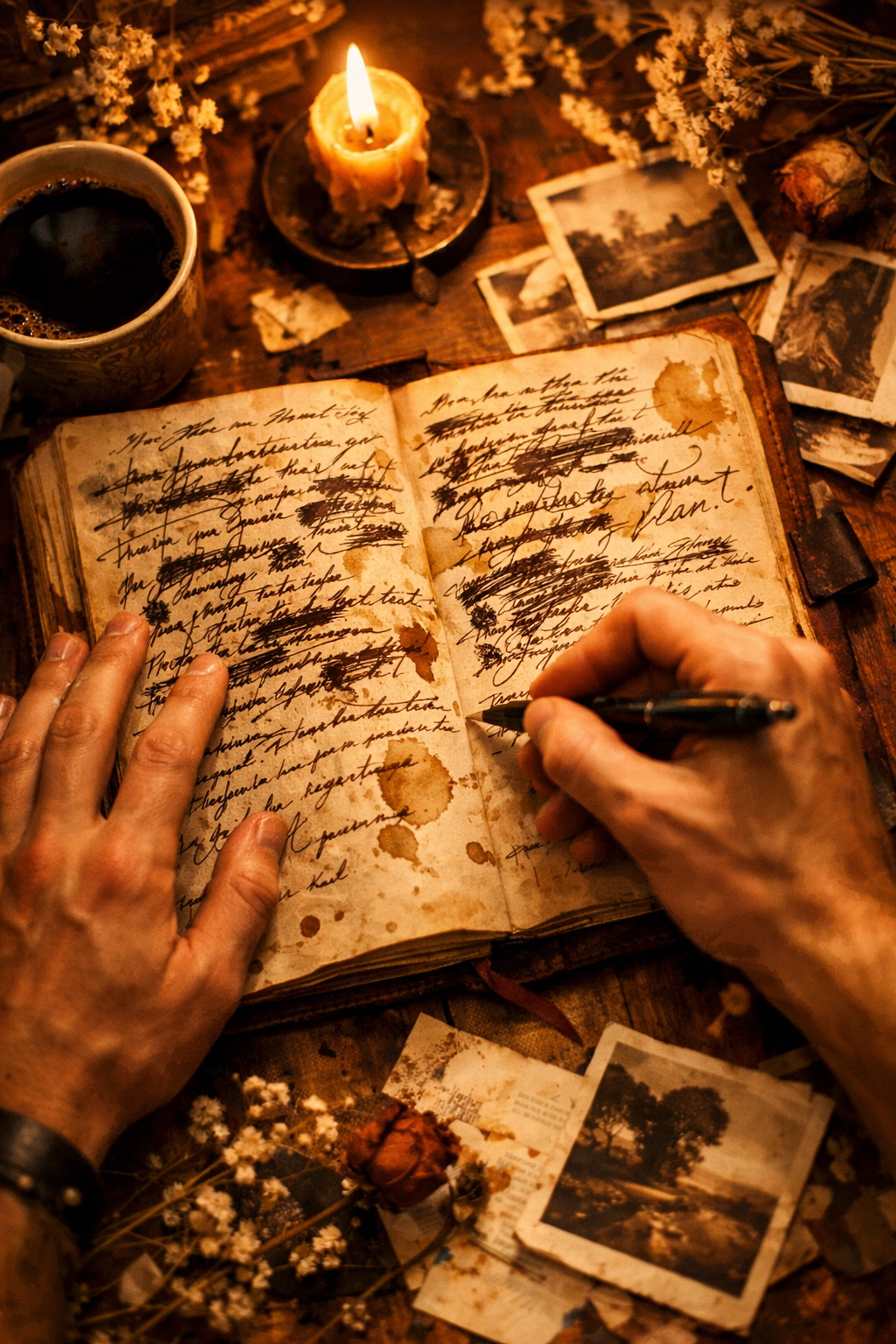 Hands writing and editing spoken word poetry with crossed-out words in journal