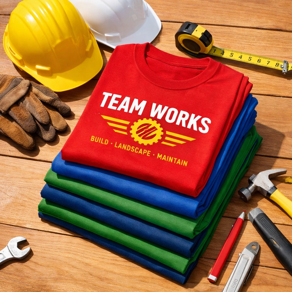 Bulk custom t-shirts for landscaping and construction crew uniforms with work gear
