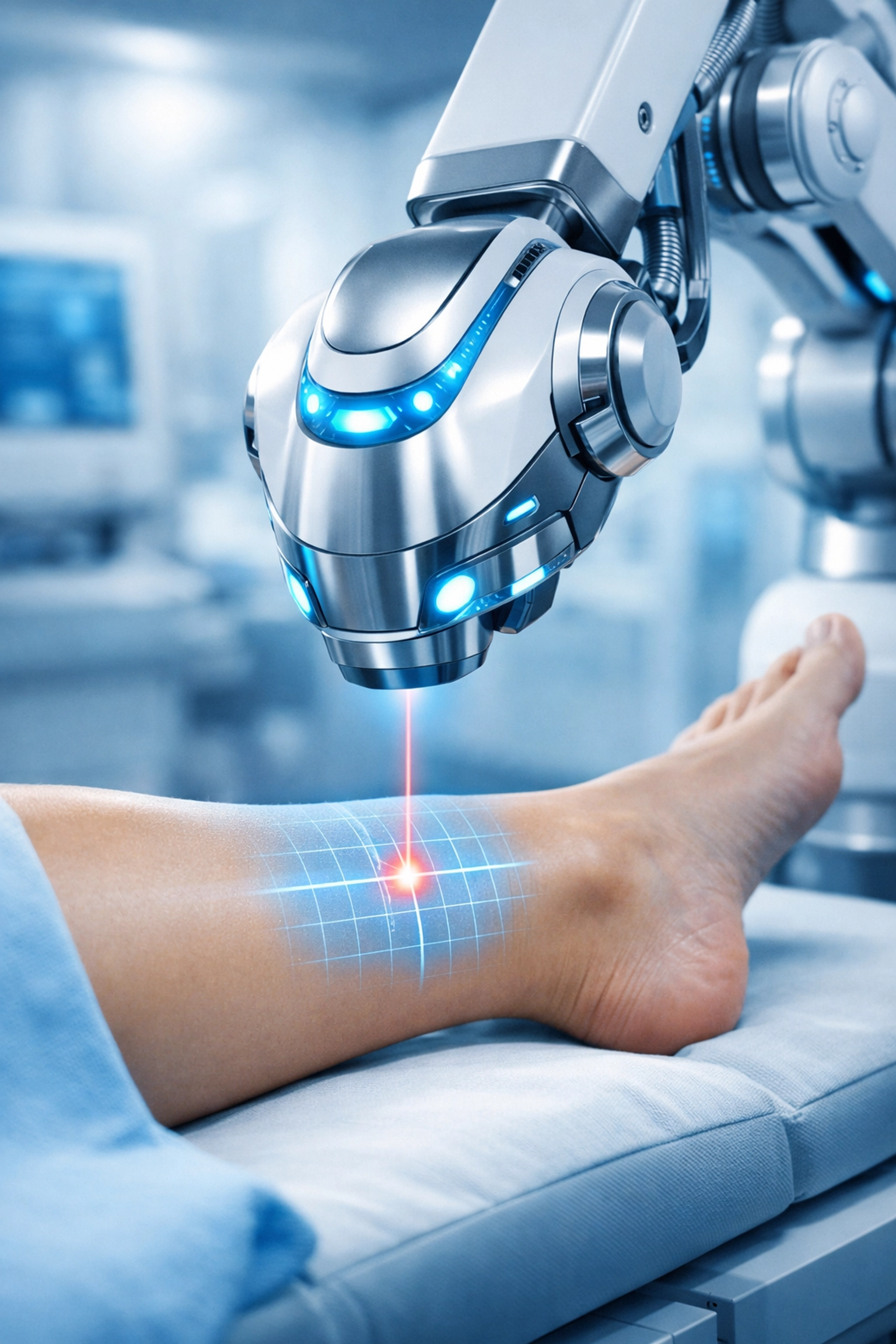 Precise robotic laser therapy targeting a patient's foot for effective peripheral neuropathy treatment.