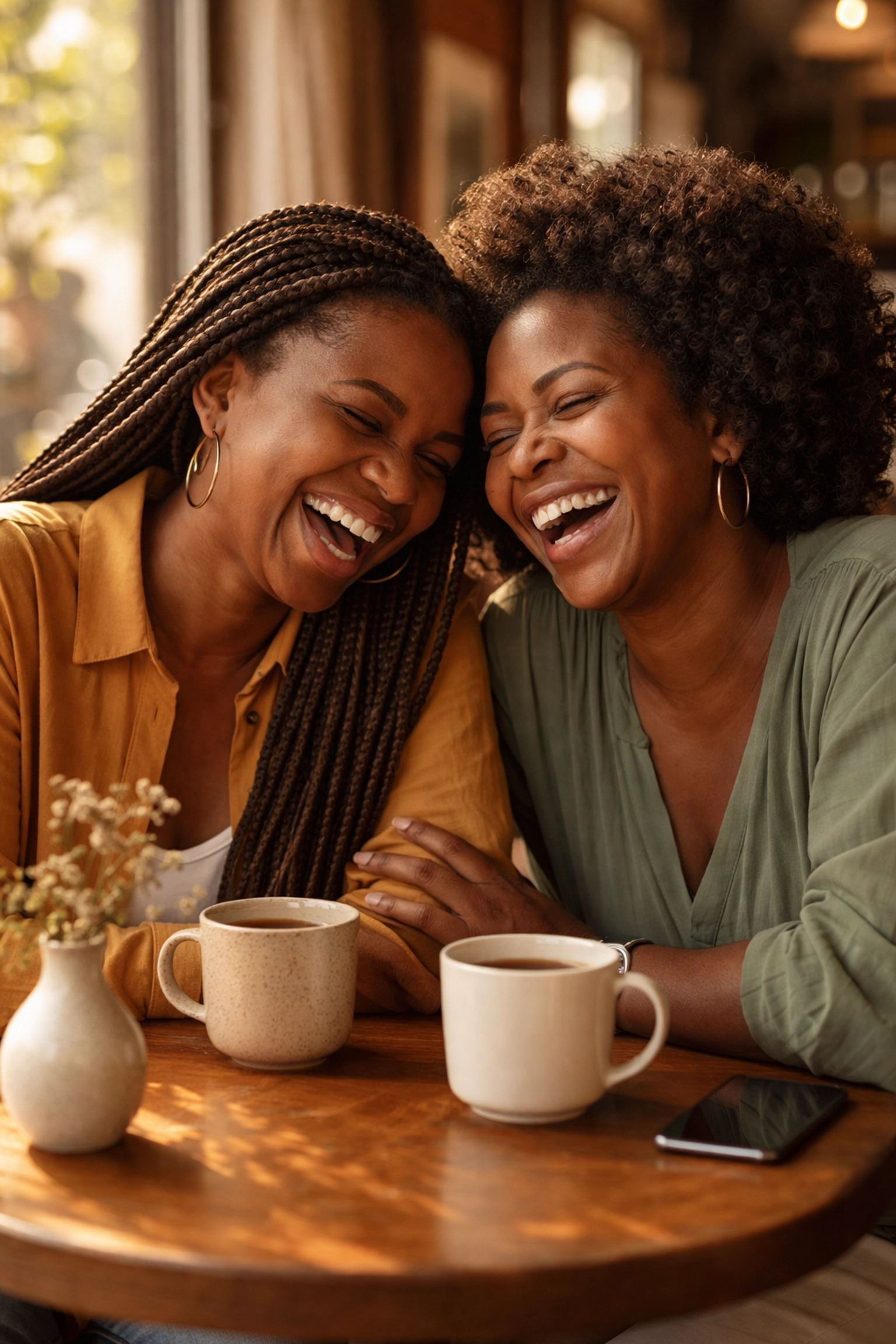 Two Nigerian women in their 40s sharing laughter over coffee in a café, celebrating genuine, lasting friendship.