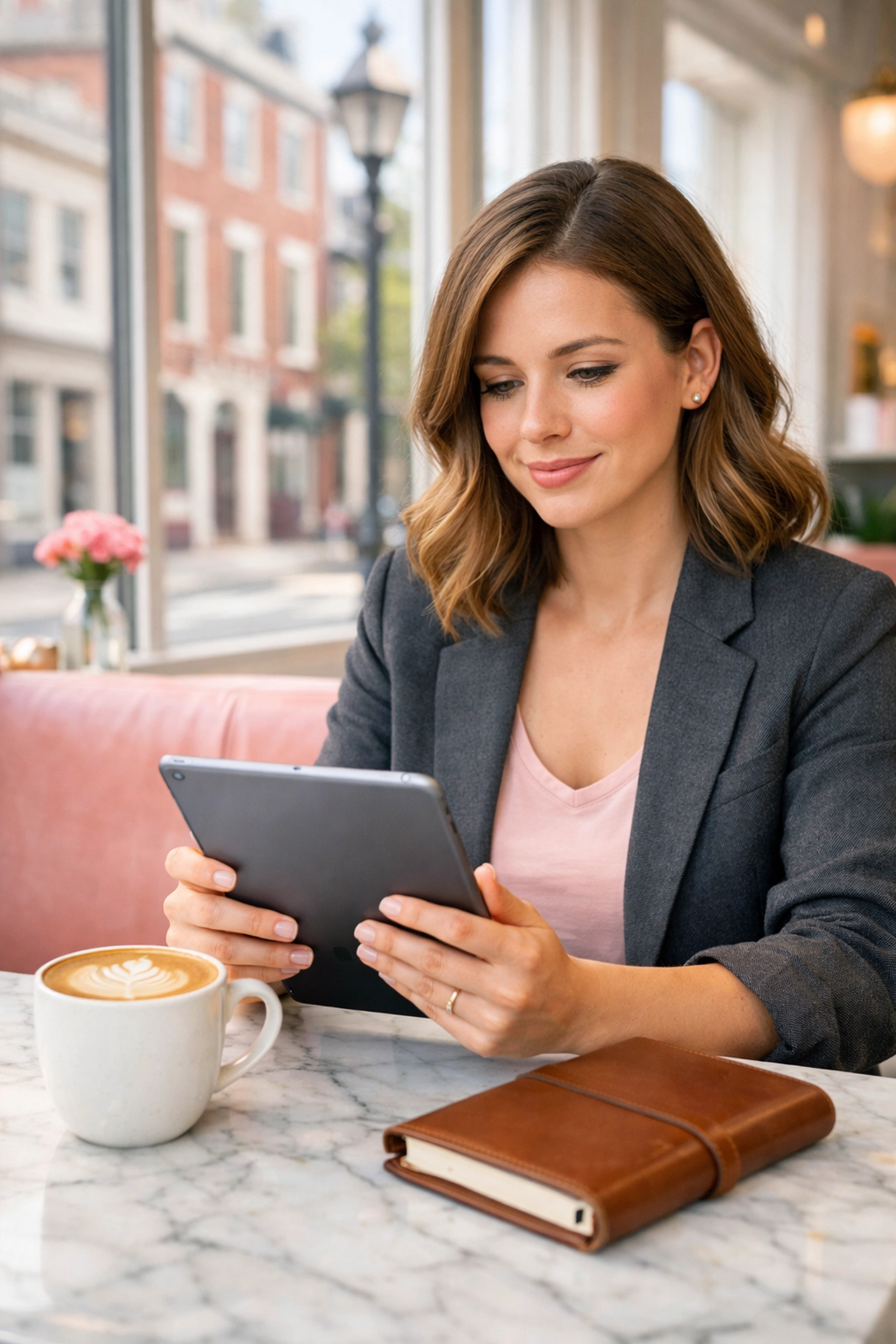 Philadelphia social media marketing professional researching buyer personas on a tablet in a sun-lit cafe.
