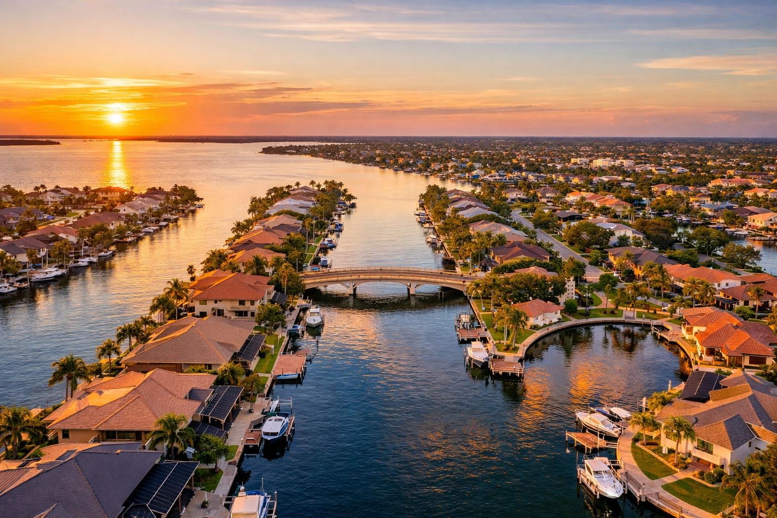 Cape Coral canal types showing Gulf access, bridge access, and landlocked waterways from aerial view