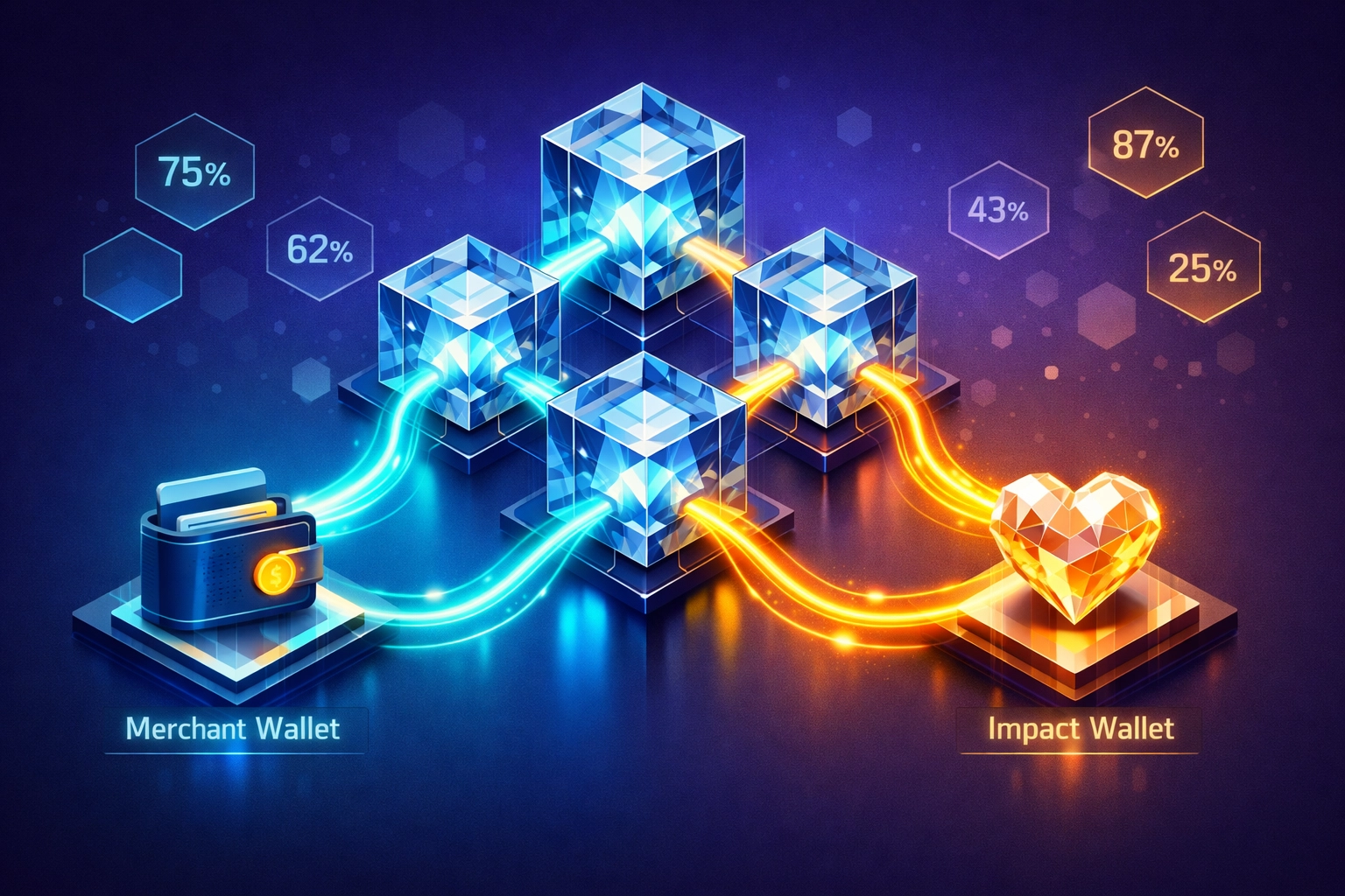Smart contract visualization splitting crypto payments: 98.5% to merchant, 1.5% to hunger relief