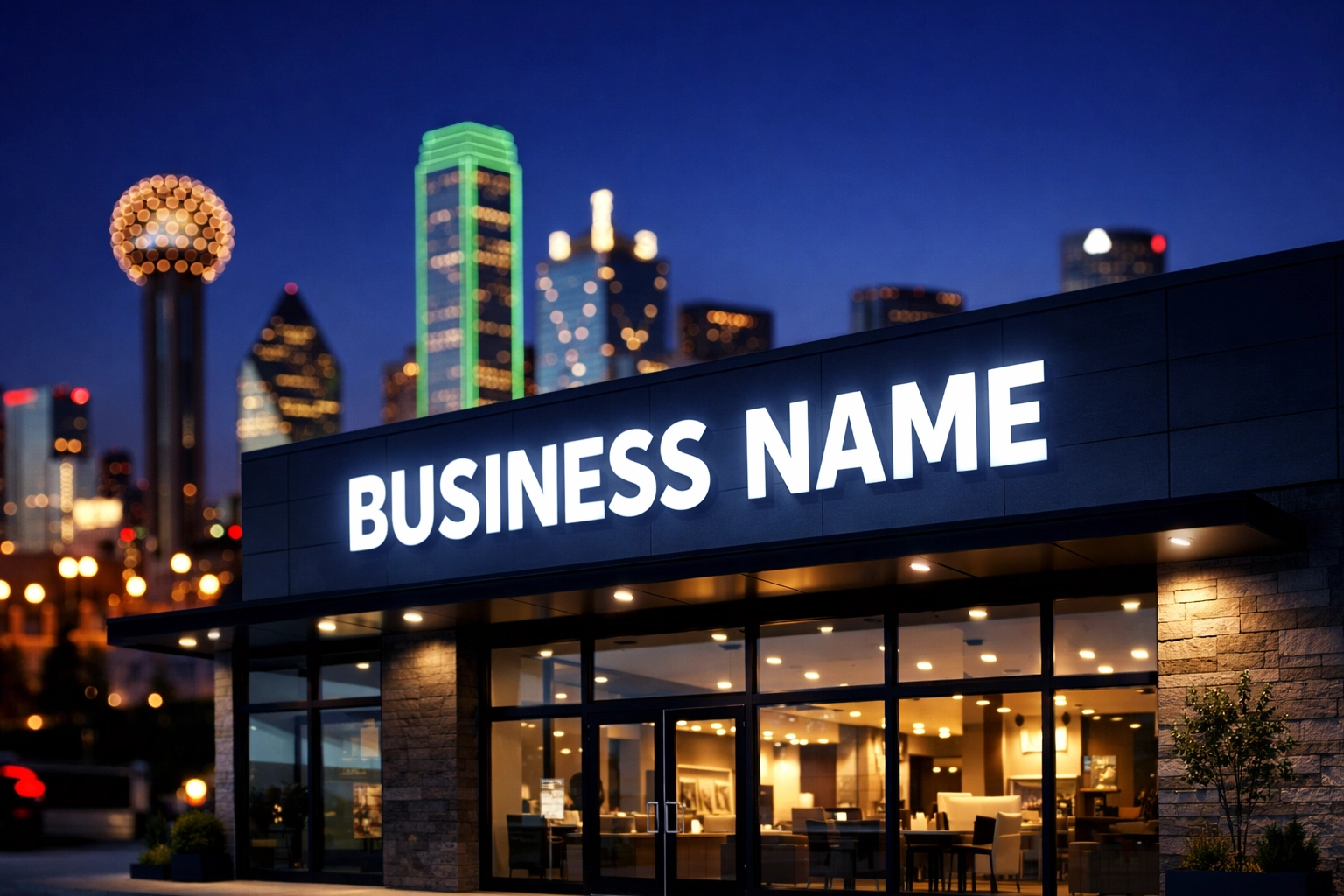 Professionally installed LED storefront sign glowing brightly against the Dallas skyline at dusk.