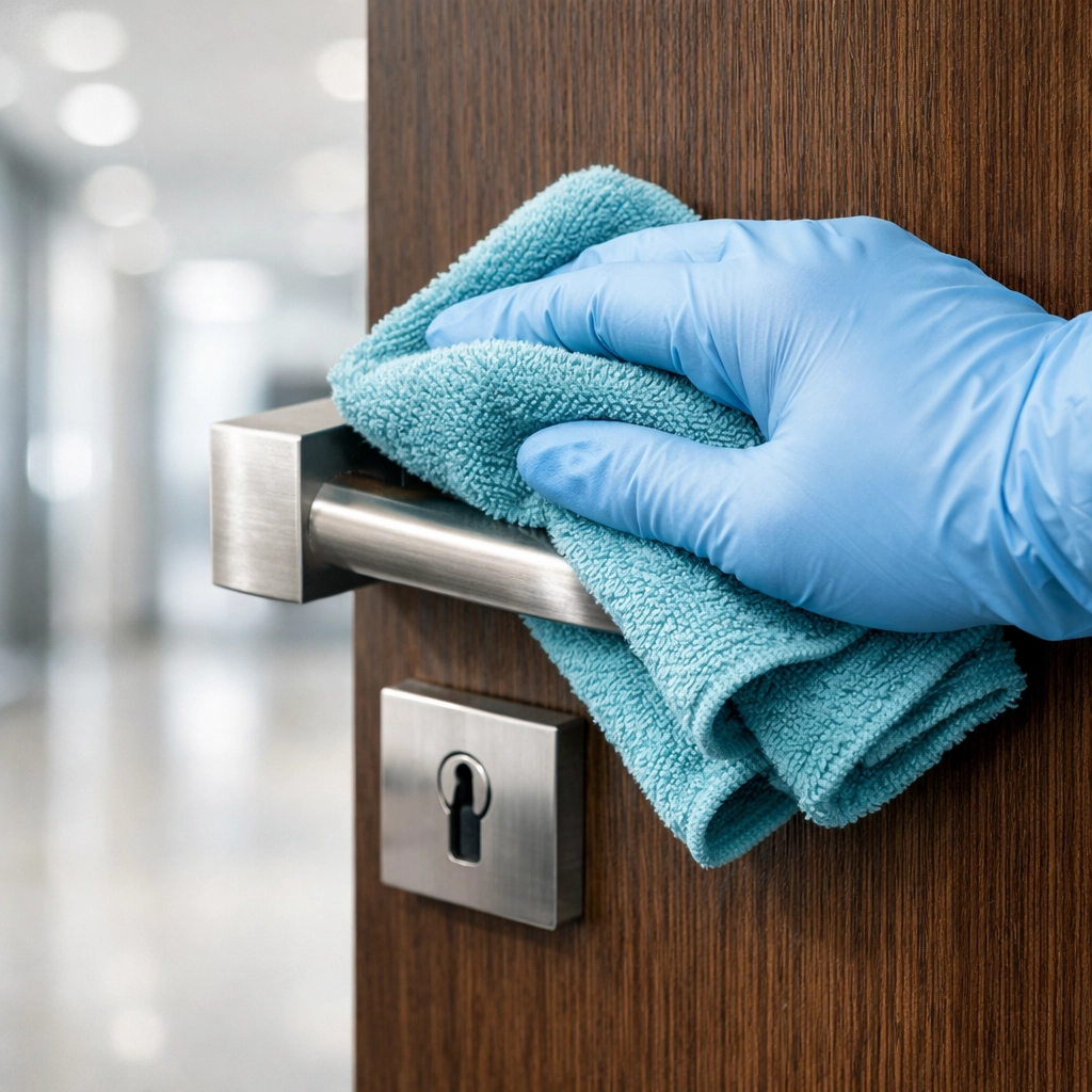 Professional cleaner sanitizing a high-touch door handle to ensure a healthy commercial environment.